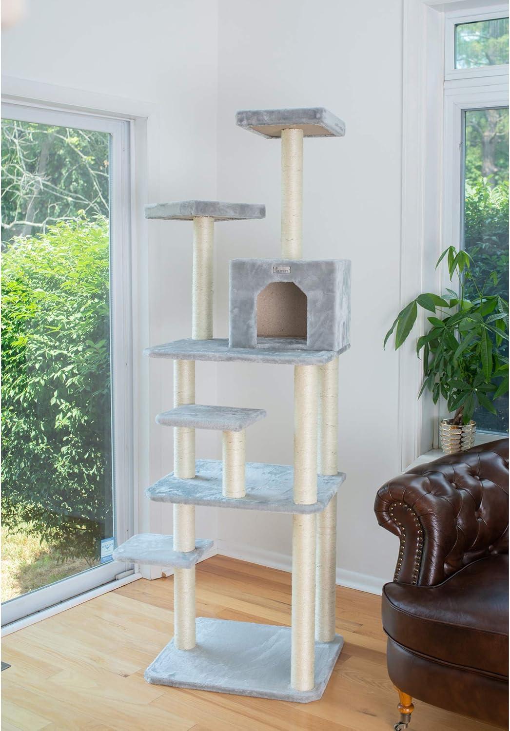 GleePet GP787408 74-Inch Real Wood Cat Tree With Seven Levels, Beige/Silver Gray