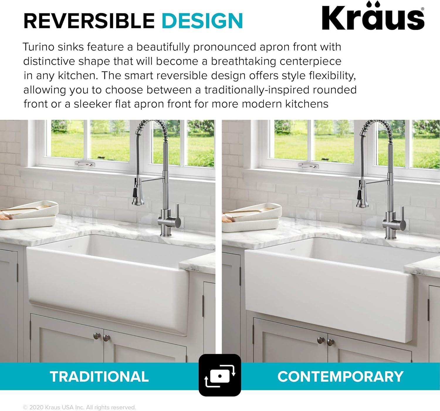 KRAUS Turino™ 33" L Farmhouse Reversible Apron Front Fireclay Single Bowl Kitchen Sink