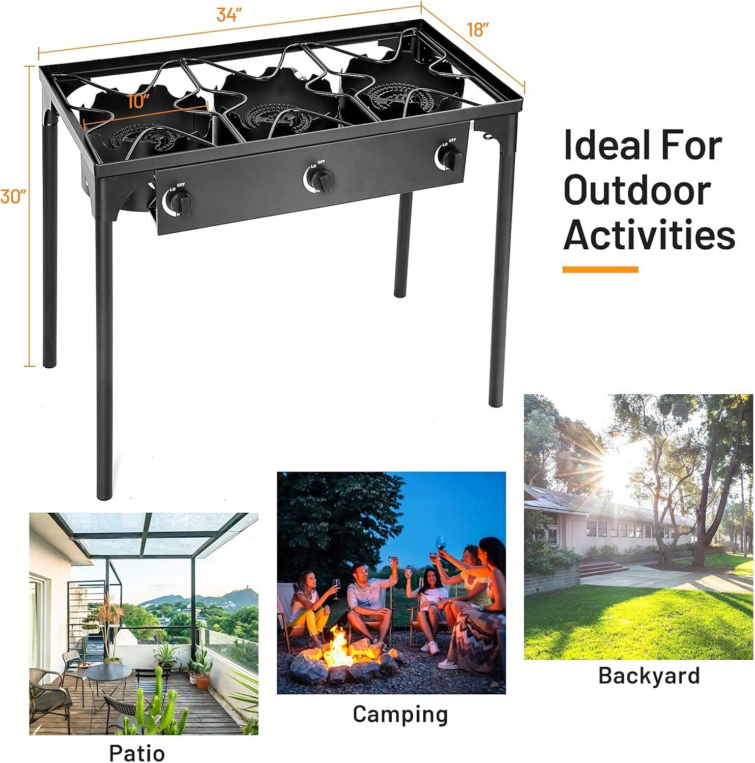 Black Cast Iron 3-Burner Outdoor Gas Stove with Detachable Legs