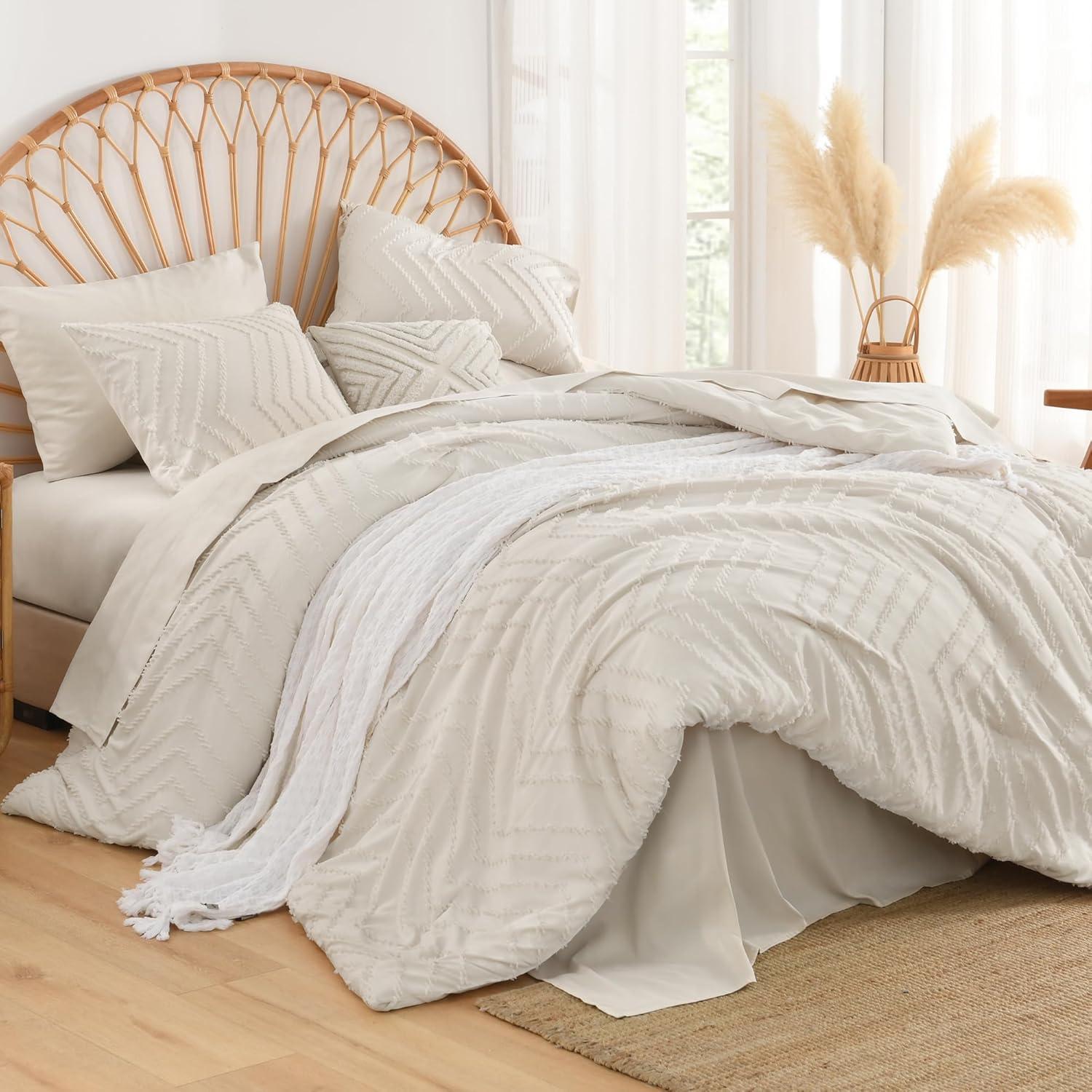 Beige Tufted Boho Queen Comforter Set with Pom Pom Accents