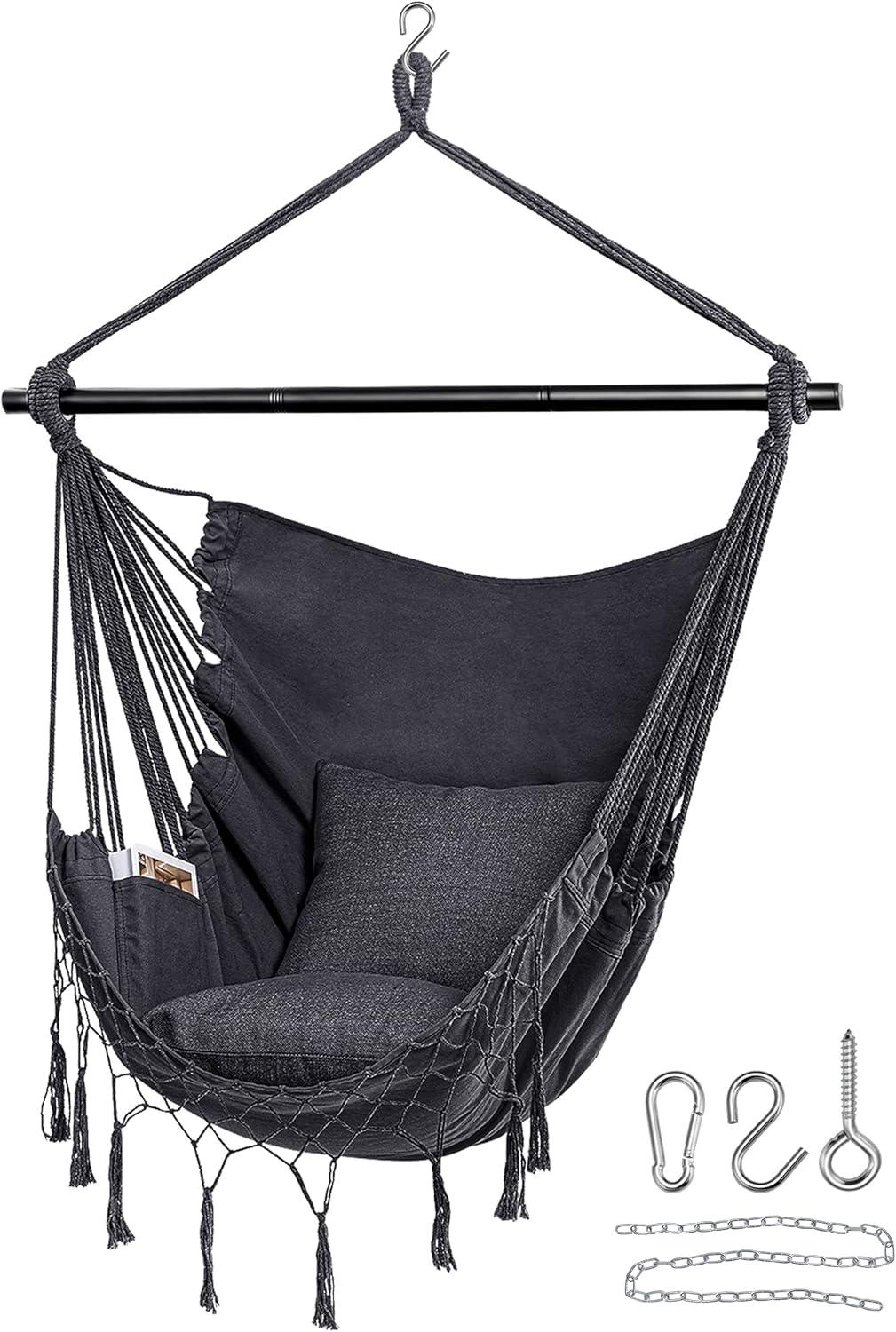 Dark Grey Cotton Hanging Hammock Chair with Pocket