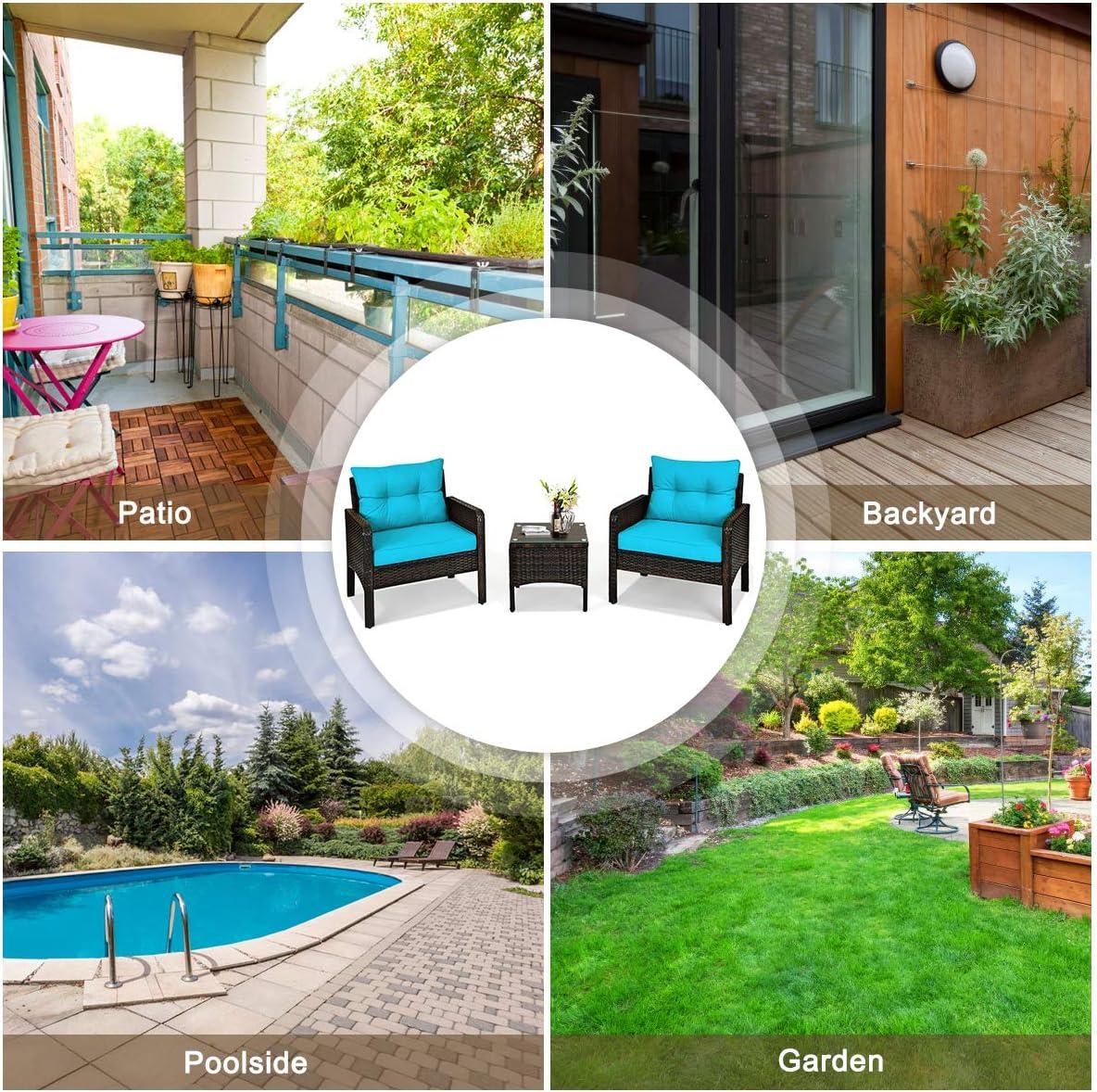 YYAo Garden Conversation Table Set, Conversation Loveseat Chairs Set, 3 Pcs Outdoor Patio Rattan Conversation Set with Seat Cushions-Turquoise