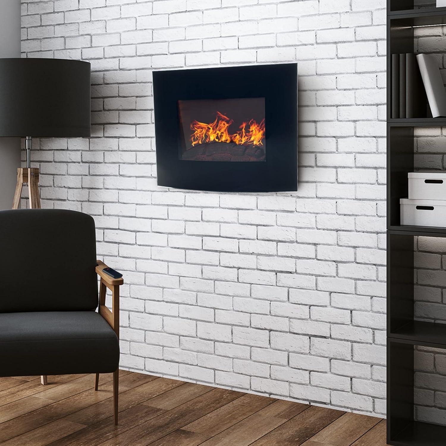 Black Curved Glass Wall-Mounted Electric Fireplace with Remote