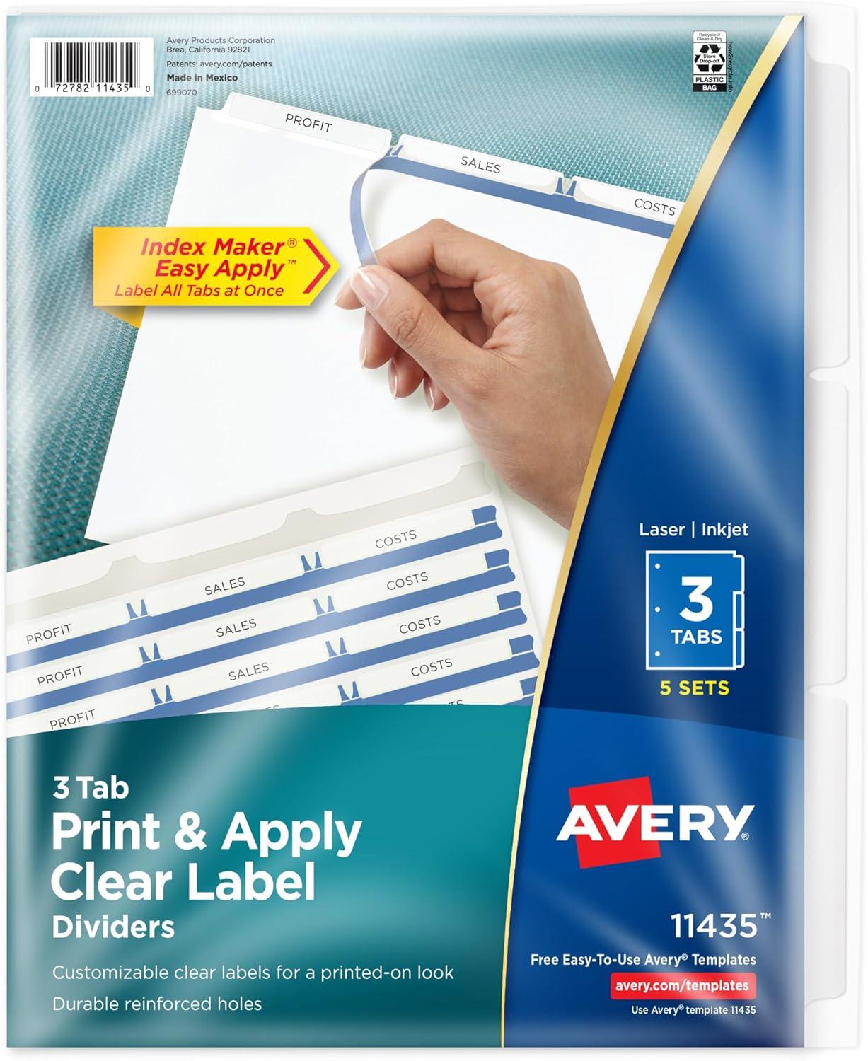 Avery Print & Apply Clear Label Dividers w/White Tabs 3-Tab Letter 5 Sets 11435