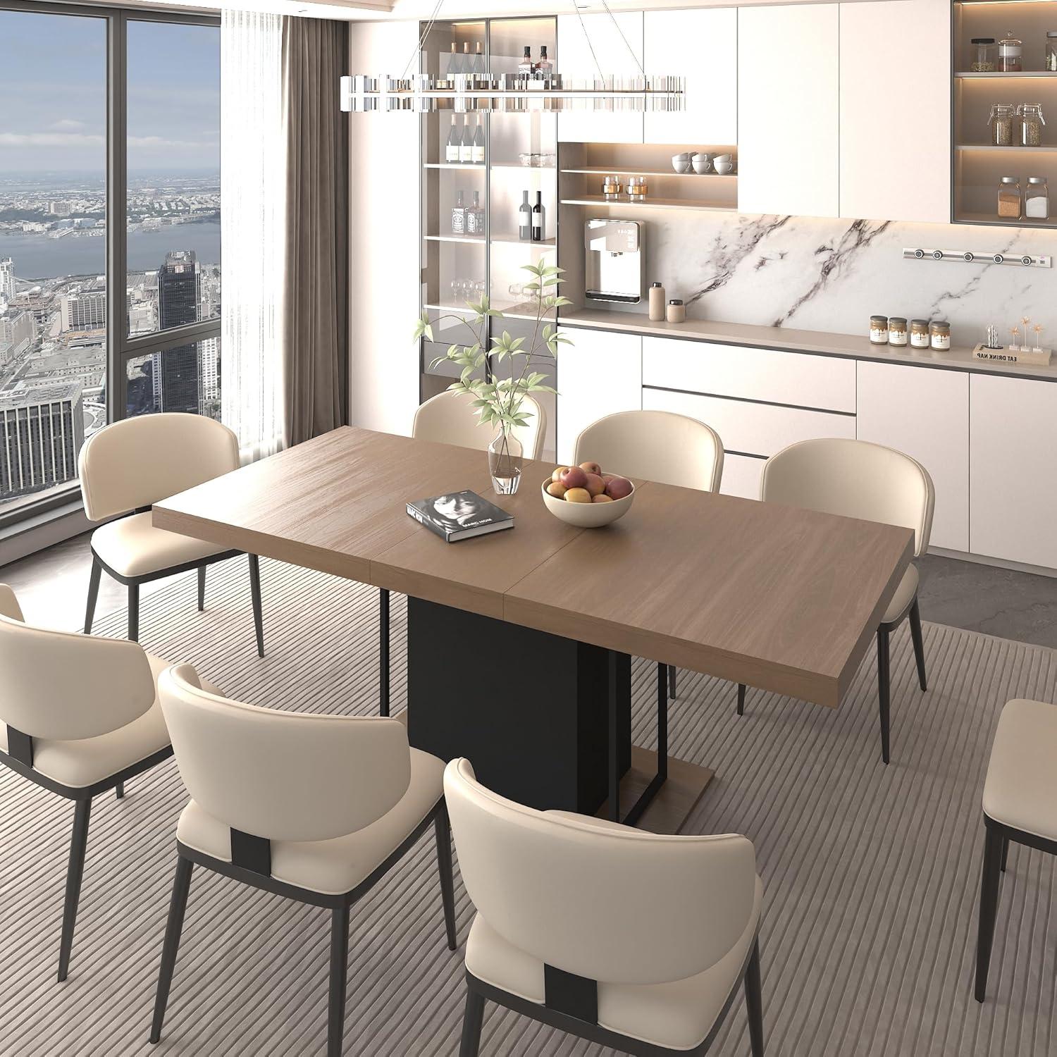 106.3" Wood Expandable Dining Table for 8-12 Person, Modern Extendable Dining Room Table Large Rectangle Dining Table with Leaf Extension Pedestal Dining Table for Dining Room Kitchen Dark Oak