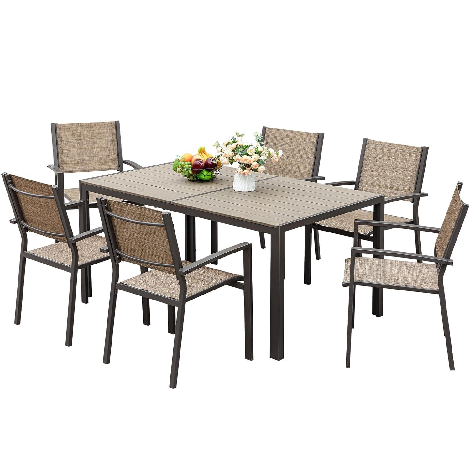 Homall Patio Dining Set 7 Pieces Outdoor Furniture with Large Table and 6 Textilene Chairs for Porch, Brown