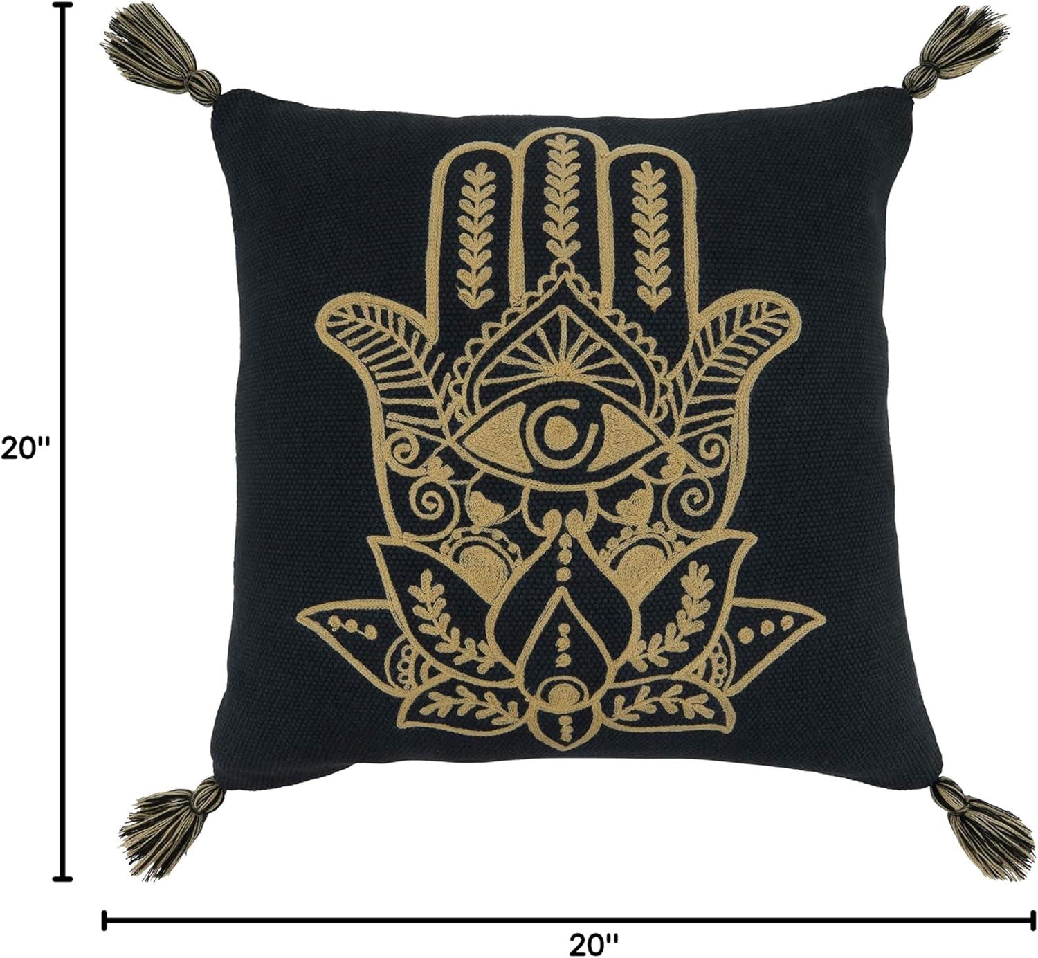 Black Cotton Hamsa Hand Embroidered Square Pillow with Tassels