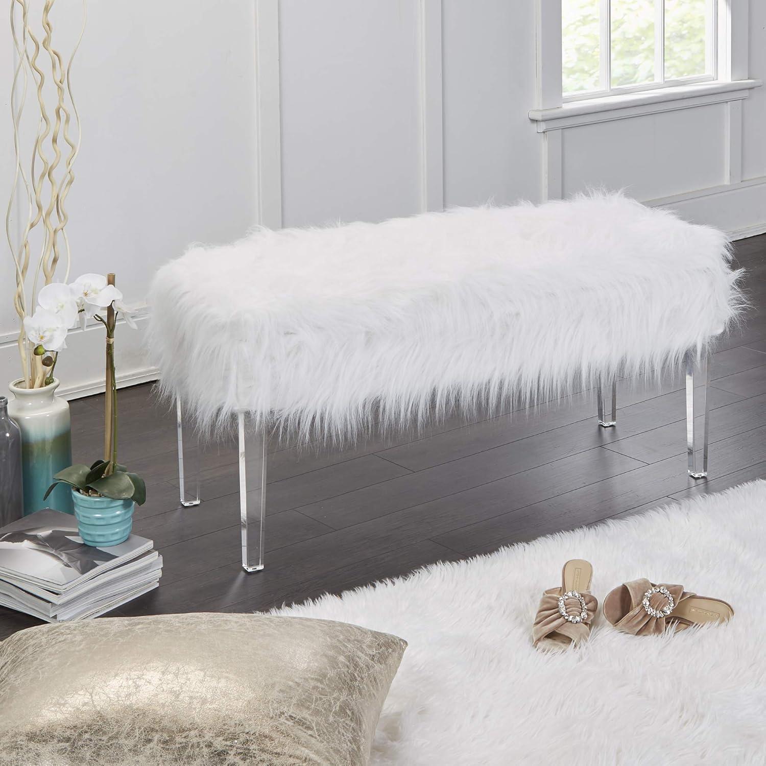 Vanessa Faux Fur and Glass Vanity Storage Bench, White Finish