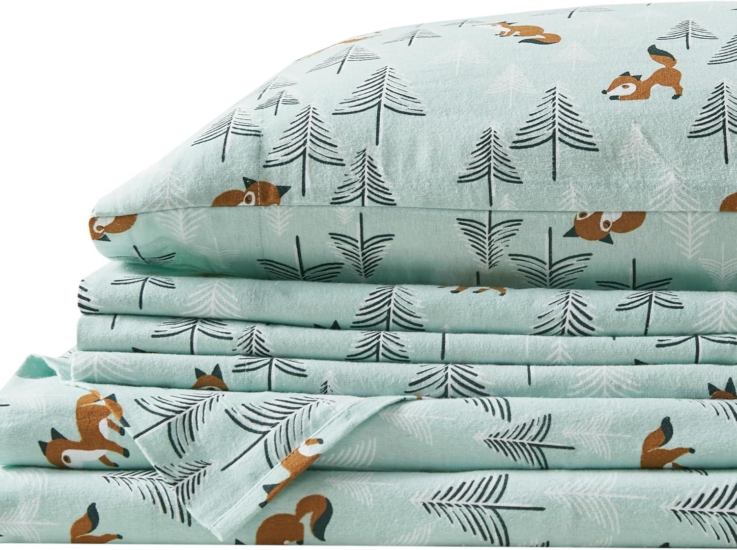 Seafoam Foxes Cotton Flannel Queen Sheet Set with Deep Pockets