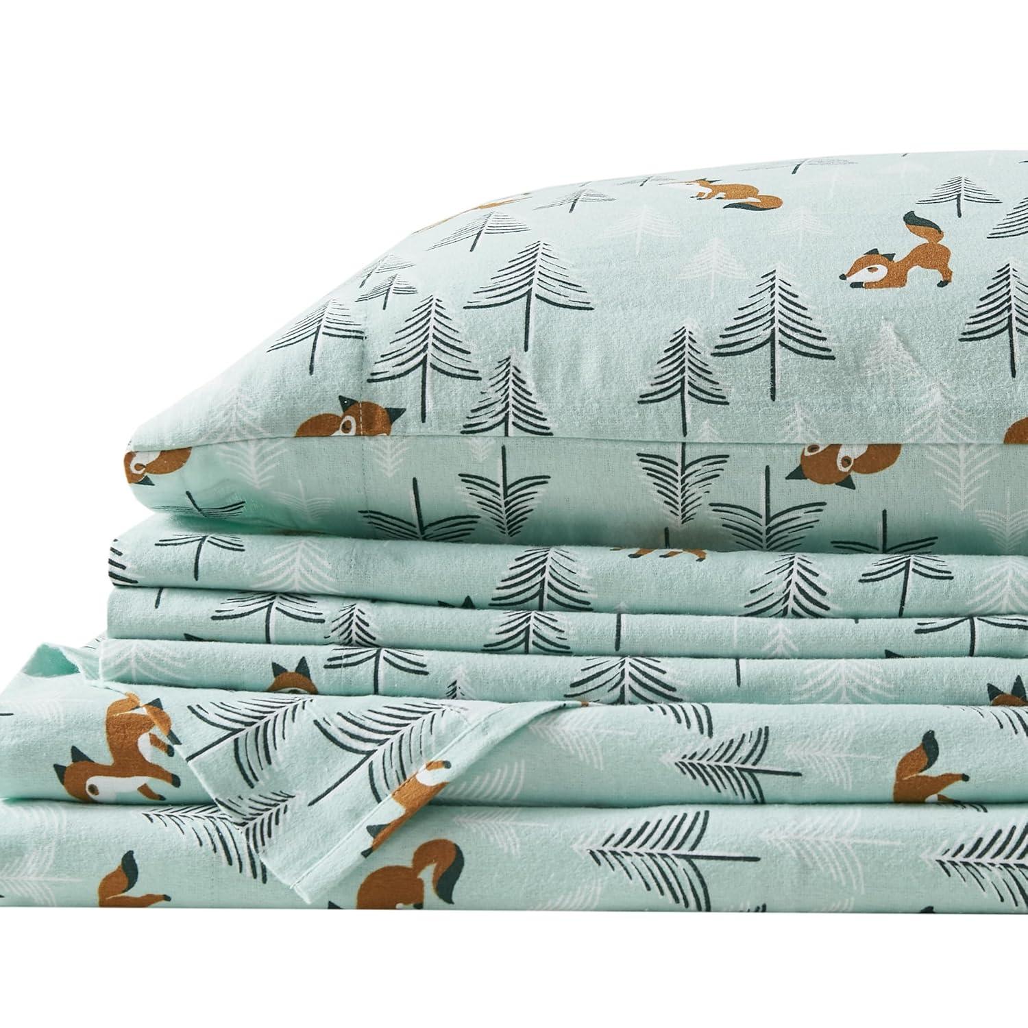 Comfort Spaces Sábanas de Franela Tamaño Queen con Bolsillo, 100% Algodón, Novalty Seafoam Foxes, Juegos de Sábanas Tamaño Queen, 4 Piezas