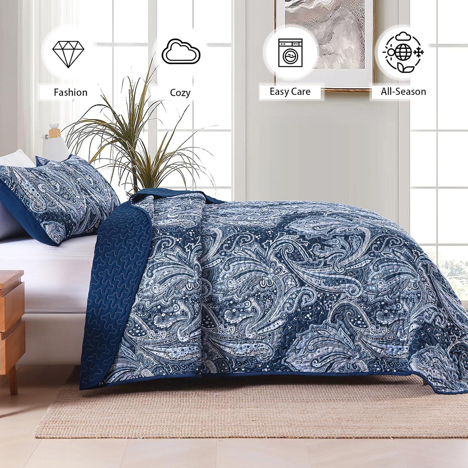 Navy Paisley Queen Quilt Set with Microfiber