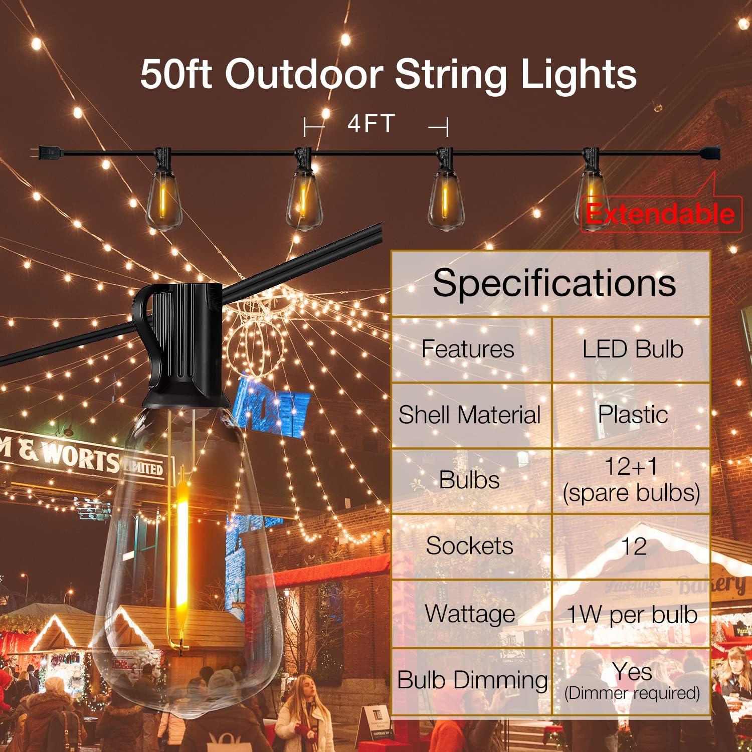 50ft Warm White LED Outdoor String Lights with Shatterproof Bulbs