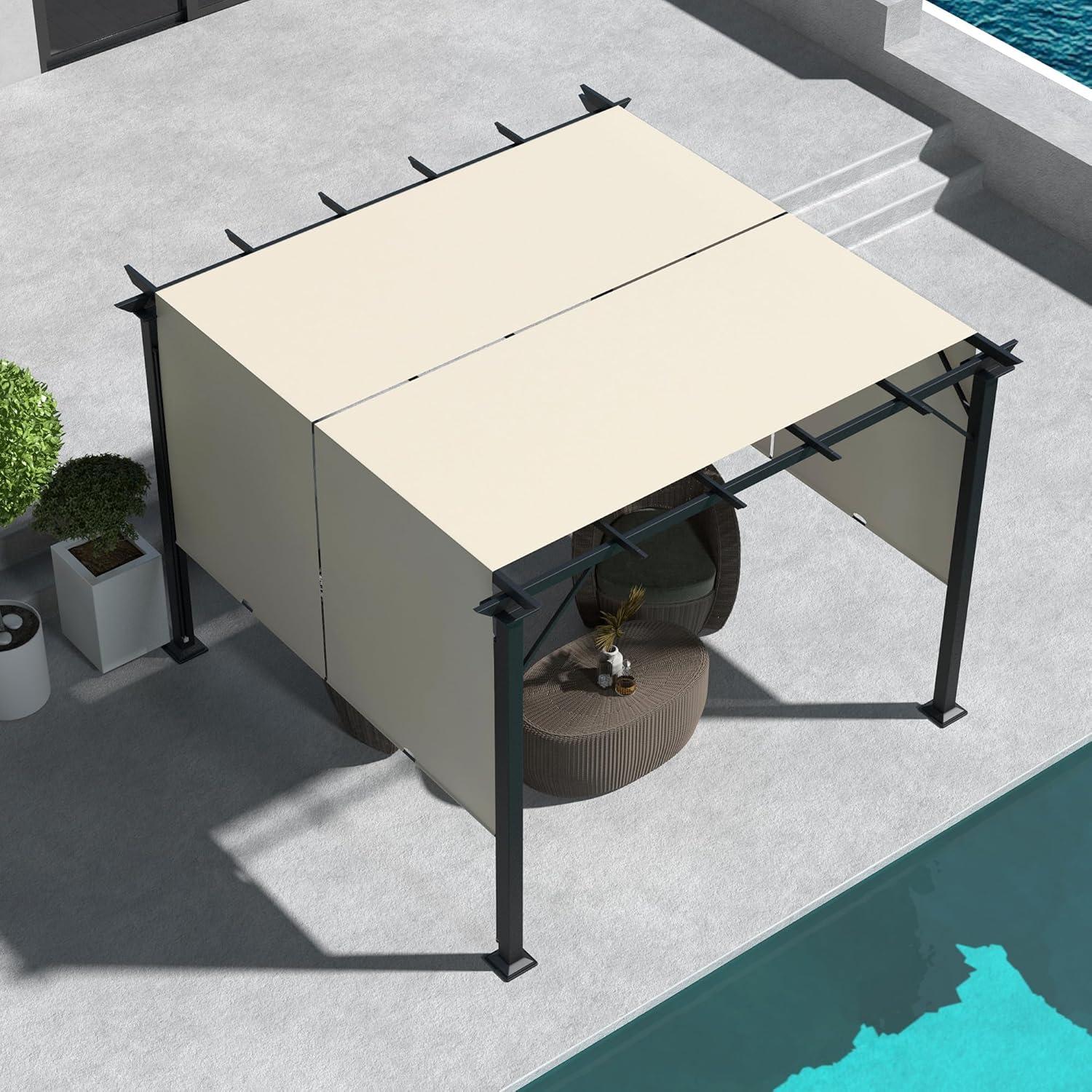 Outsunny 10' x 10' Outdoor Retractable Pergola Canopy with Sun Shade Unique Design Canopy Patio Metal Shelter for Garden Porch Beach, Beige