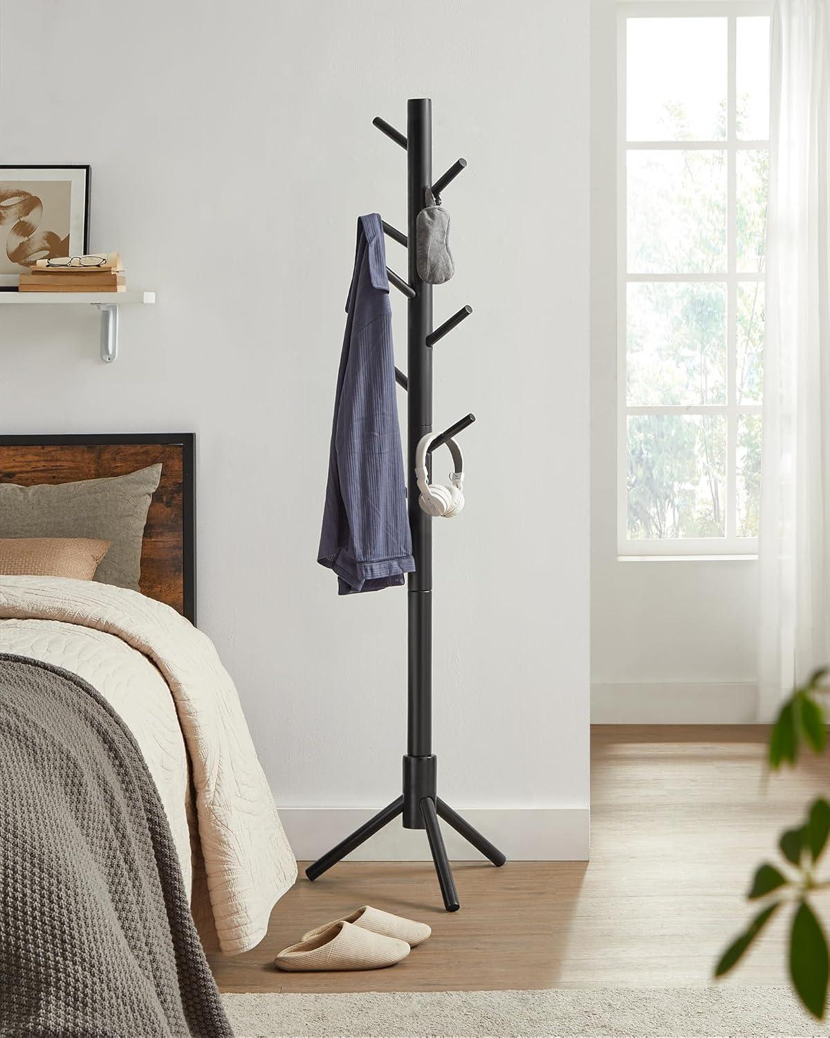VASAGLE 8 Hooks Solid Wood Coat Rack Free Standing Coat Rack Tree-Shaped Coat Rack Black