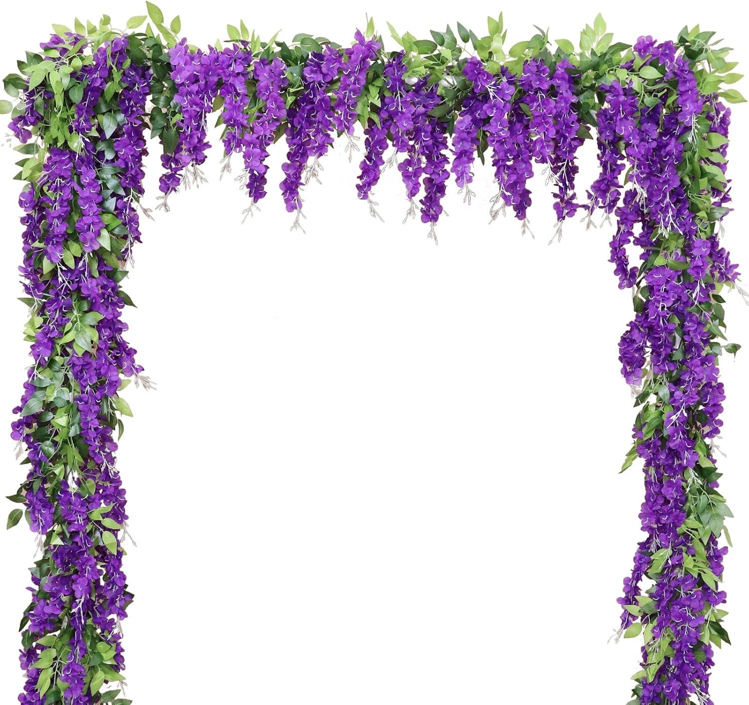 Sinhoon Wisteria Artificial Flowers Garland, 4 Pcs Total 28.8ft Artificial Wisteria Vine Silk Hanging Flower for Home Garden Outdoor Ceremony Wedding Arch Floral Decor (Light Purple)
