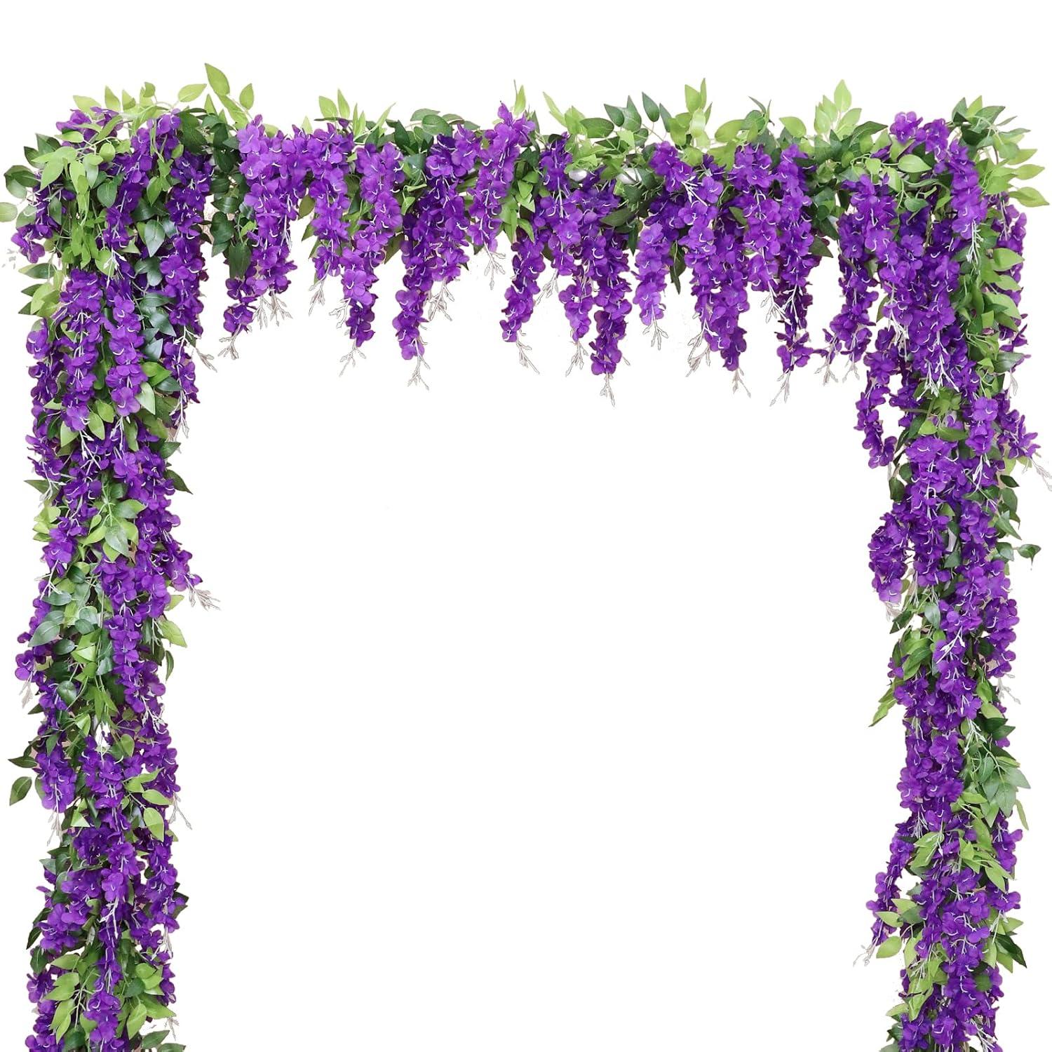 Sinhoon Wisteria Artificial Flowers Garland, 4 Pcs Total 28.8ft Artificial Wisteria Vine Silk Hanging Flower for Home Garden Outdoor Ceremony Wedding Arch Floral Decor (Light Purple)