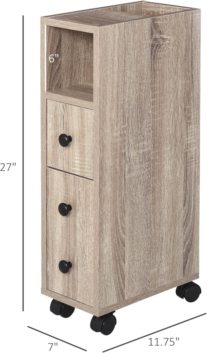 kleankin Freestanding Compact Design Bathroom Cabinet with 2 Open Cabinets, 1 Door Cabinet, 1 Drawer and 4 Rolling Wheels, Oak Grain Color