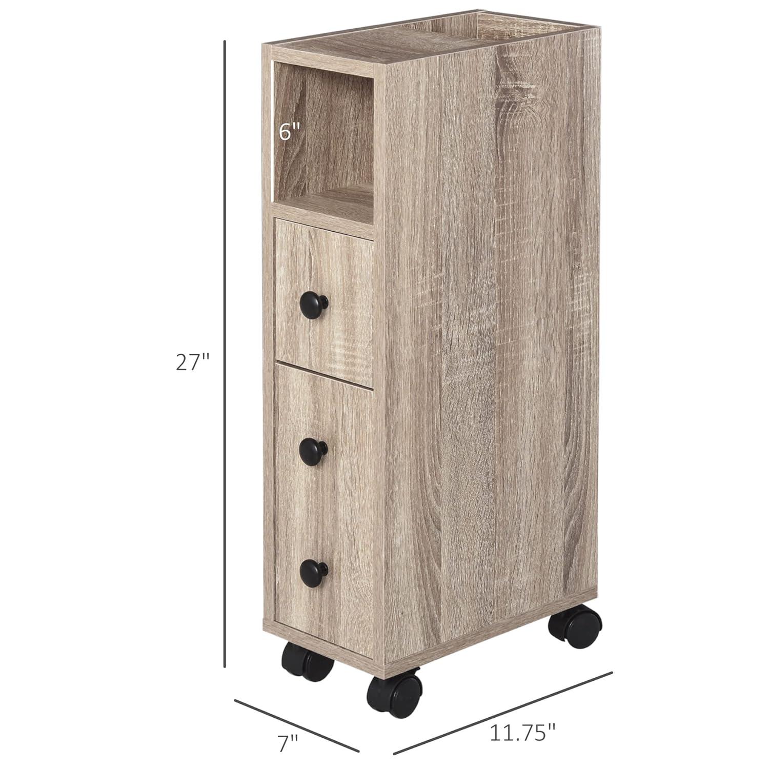 kleankin Freestanding Compact Design Bathroom Cabinet with 2 Open Cabinets, 1 Door Cabinet, 1 Drawer and 4 Rolling Wheels, Oak Grain Color