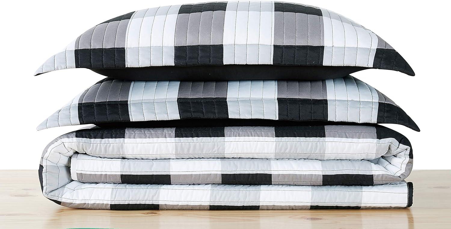 Black and White Buffalo Plaid Twin Microfiber Quilt Set