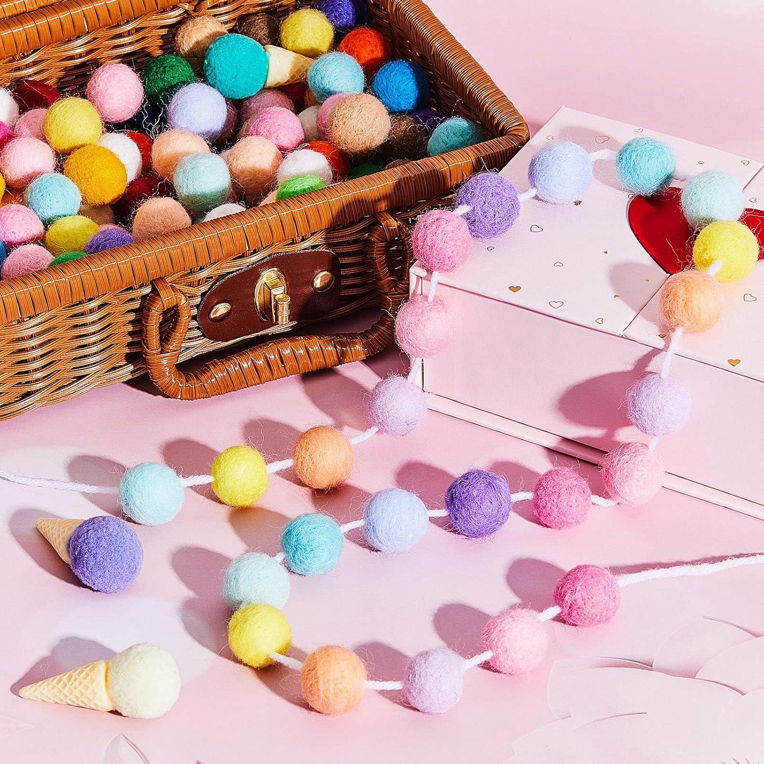 Wool Felt Ball Garland Colorful Pom Pom Garland 6.5 Feet Long 24 Ball Garland for Mardi Gras Easter Halloween Thanksgiving Christmas Wall (Rainbow Colors,3 Pieces)