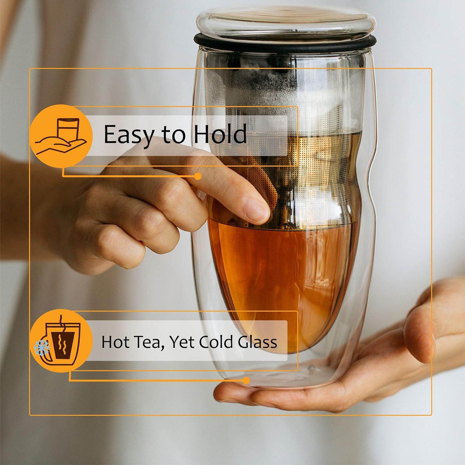 Clear Double Wall Glass Tea Cup with Stainless Steel Infuser, 16oz