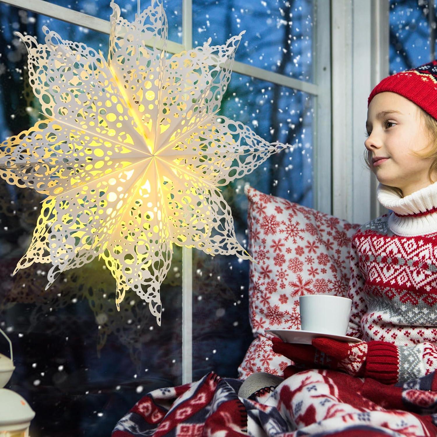 Mudder 5 Pieces Christmas Snowflake Paper Lantern with 7 Light up Star Paper 3D Hanging Lantern Lamp Party Decoration for Weddings Holiday Xmas Trees(Cute Style,White)