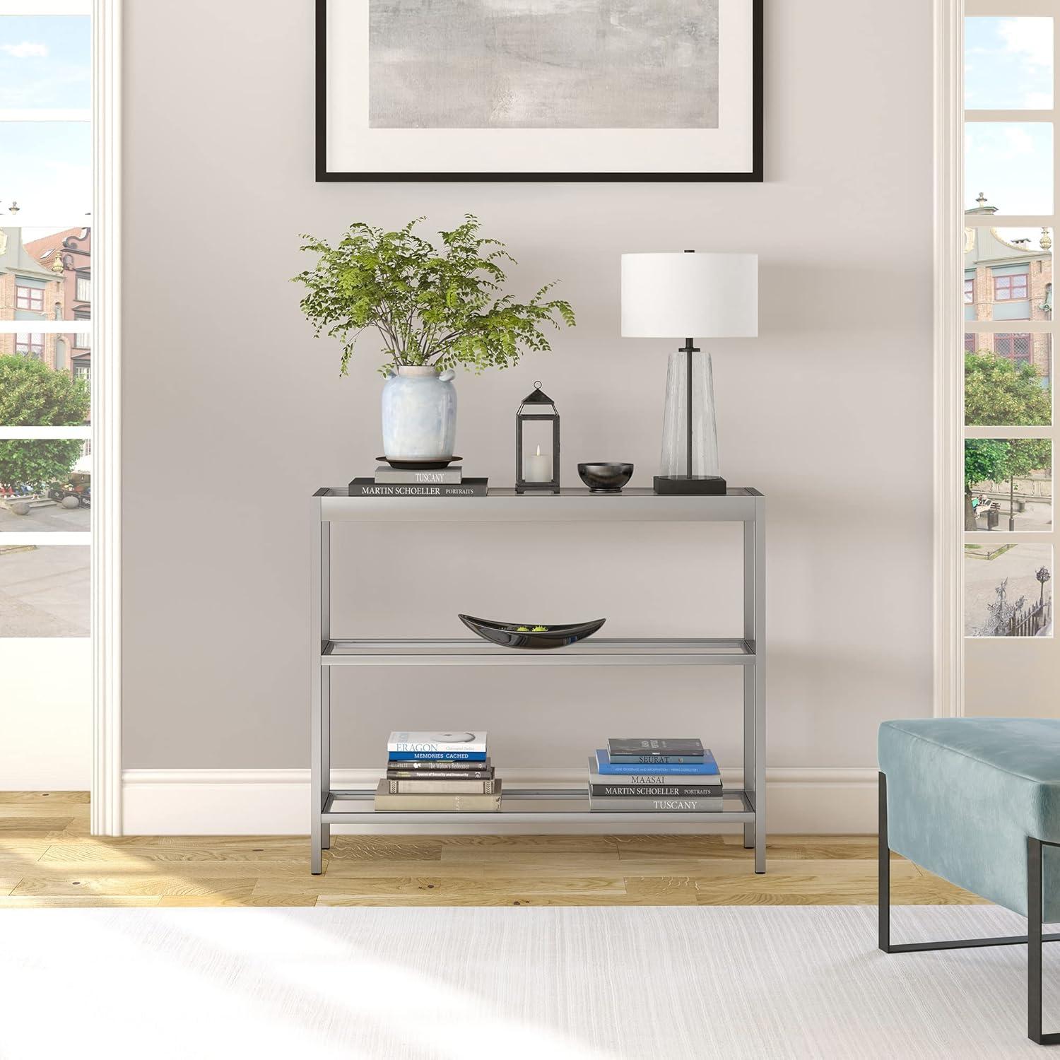 Satin Nickel 36" Wide Metal & Glass Console Table with Storage