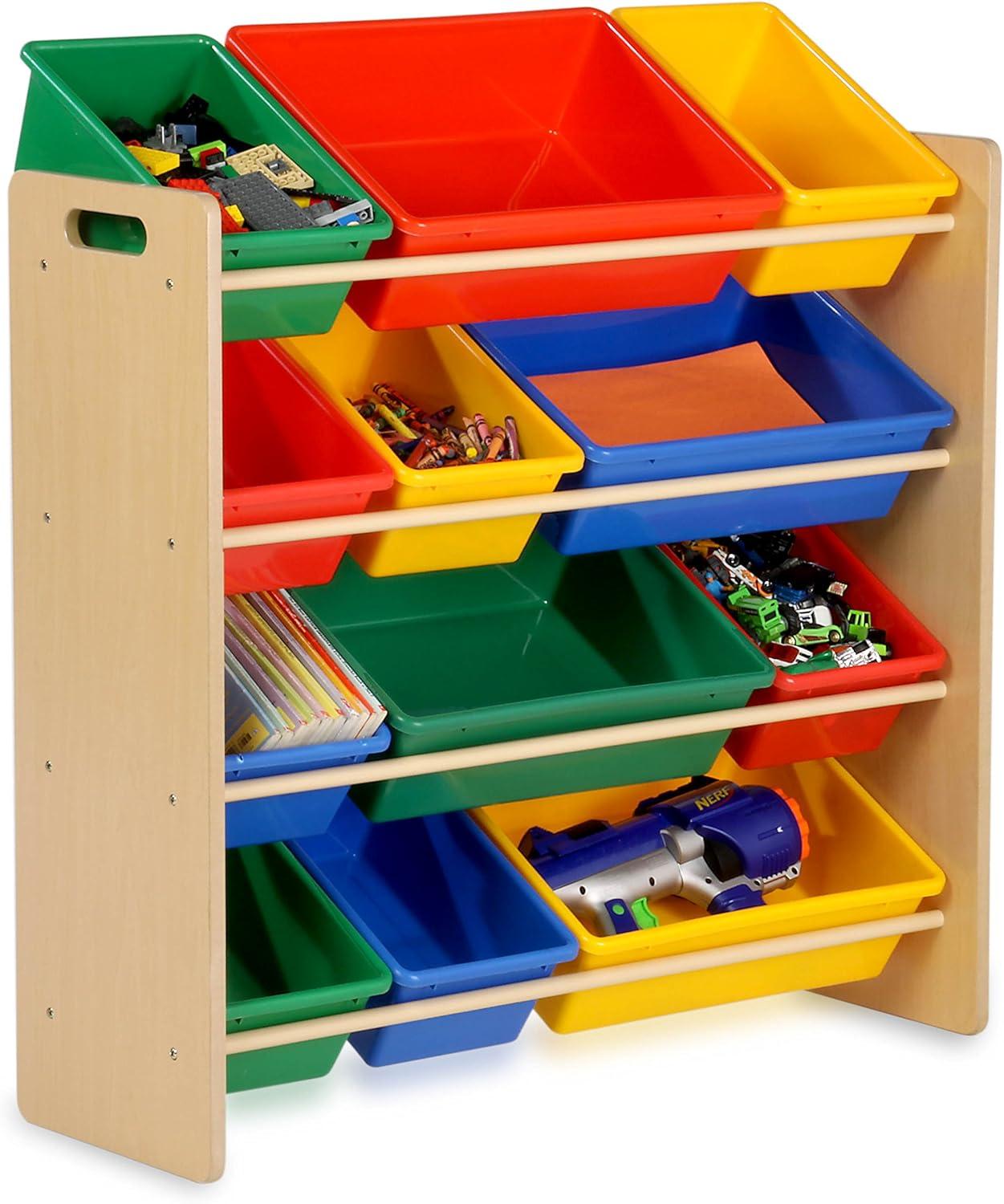 Honey-Can-Do  MDF Kids Toy Storage Organizer with 12 Plastic Bins, Natural/Primary Colors