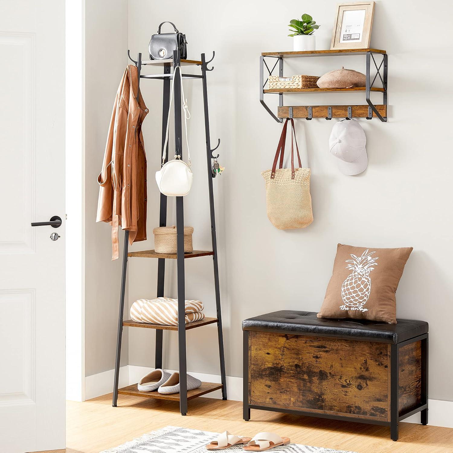 8 Hooks Coat Rack Stand with 3 Shelves Coat Tree for Entryway Bedroom Living Room Rustic Brown and Black