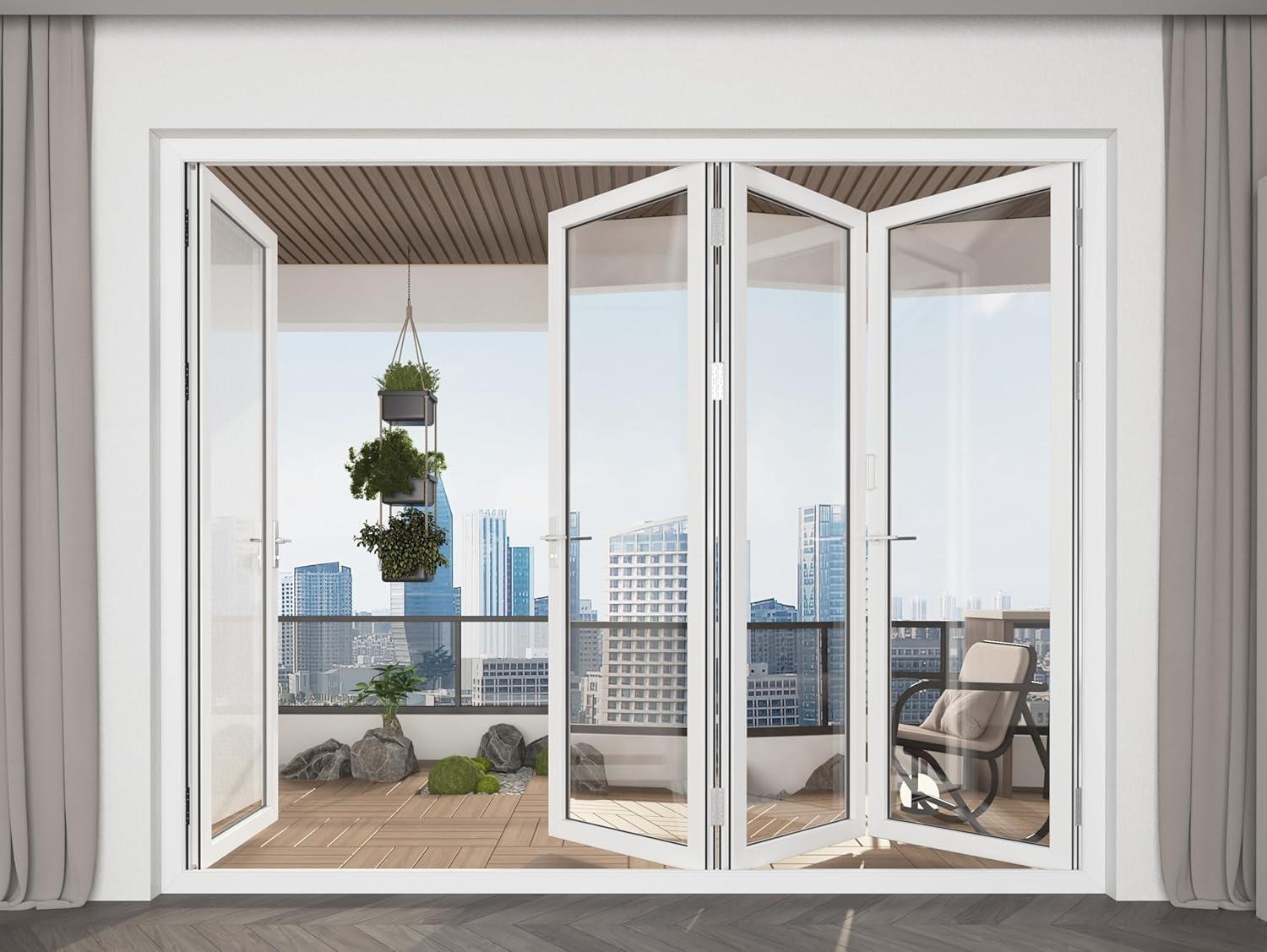 KaMic 120" inch 4 Panels Aluminum Folding Door In White, One Door Swing Out & Three Door Folded