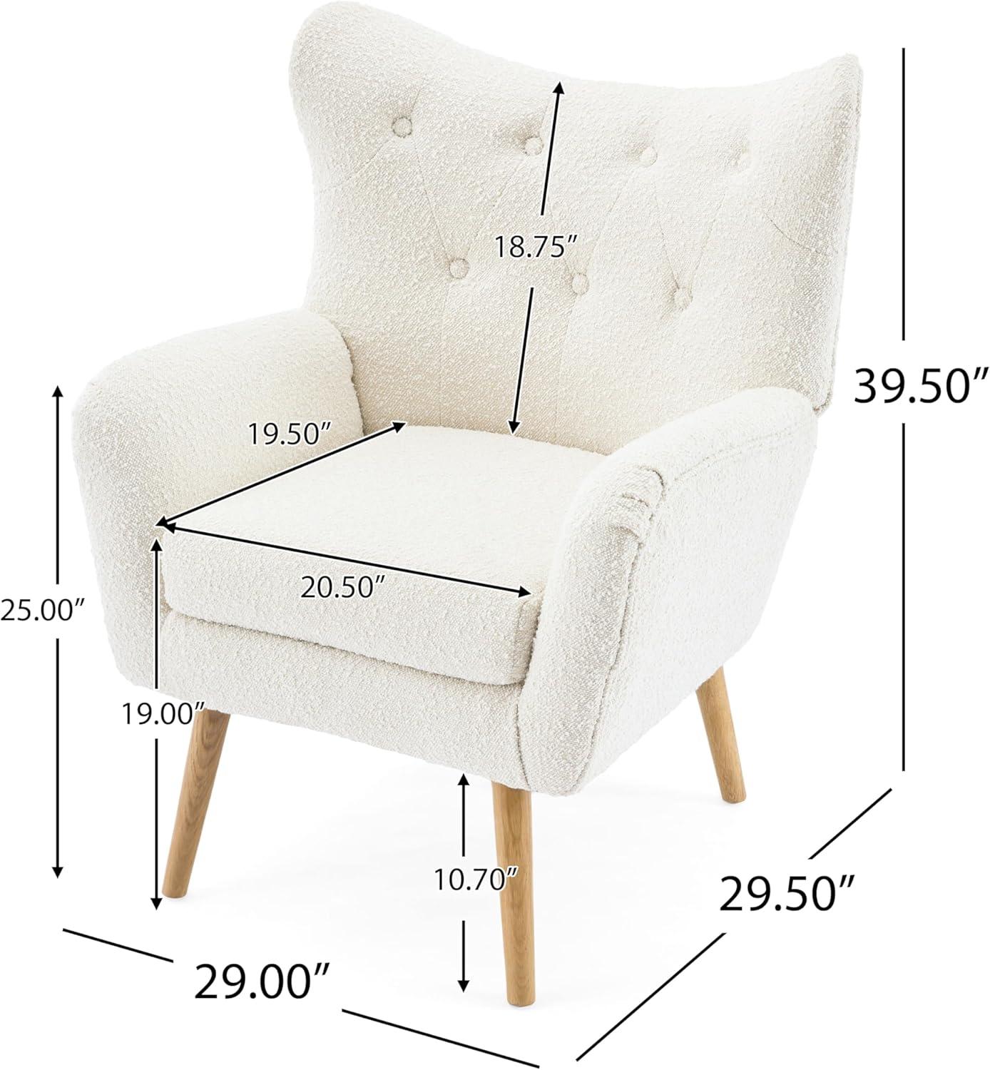 Christopher Knight Home Faschia Mid Century Accent Chair, Boucle Textured Arm Chair, Upholstered Single Sofa, Tufted Reading Chair, Indoor Backrest Chair for Living Room, Home Rest, White + Oak