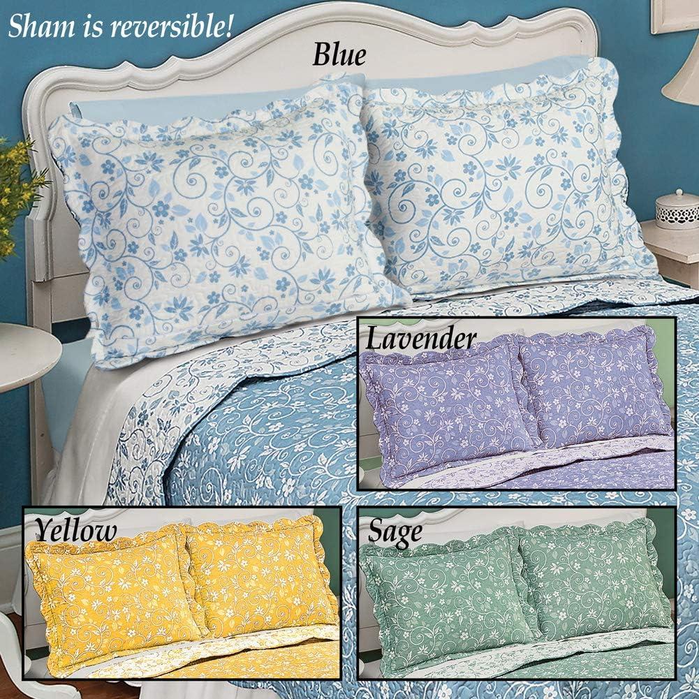 Collections Etc Floral Scroll Two-Tone with Scalloped Edges Reversible Pillow Sham, Lavender, Sham