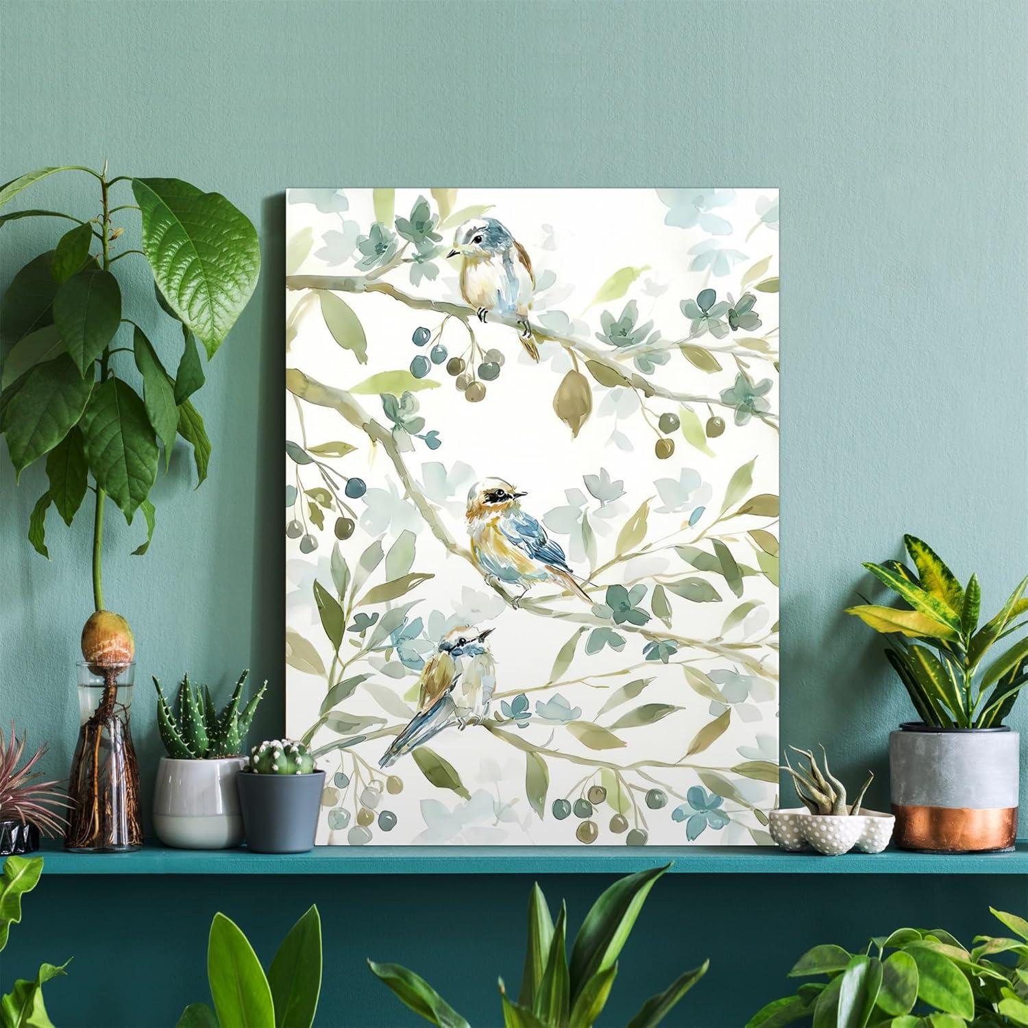 Birds Paintings Decor Wall Art for Living Room Farmhouse Vintage Botanical Leaf Framed Canvas Wall Art Birds Plant Wall Decor for Bedroom Aesthetic Bathroom Kitchen Office Dorm，ready to Hang 12x16