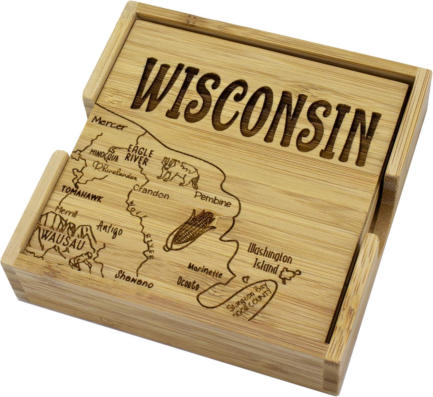 Wisconsin State Bamboo Puzzle Coaster Set with Case