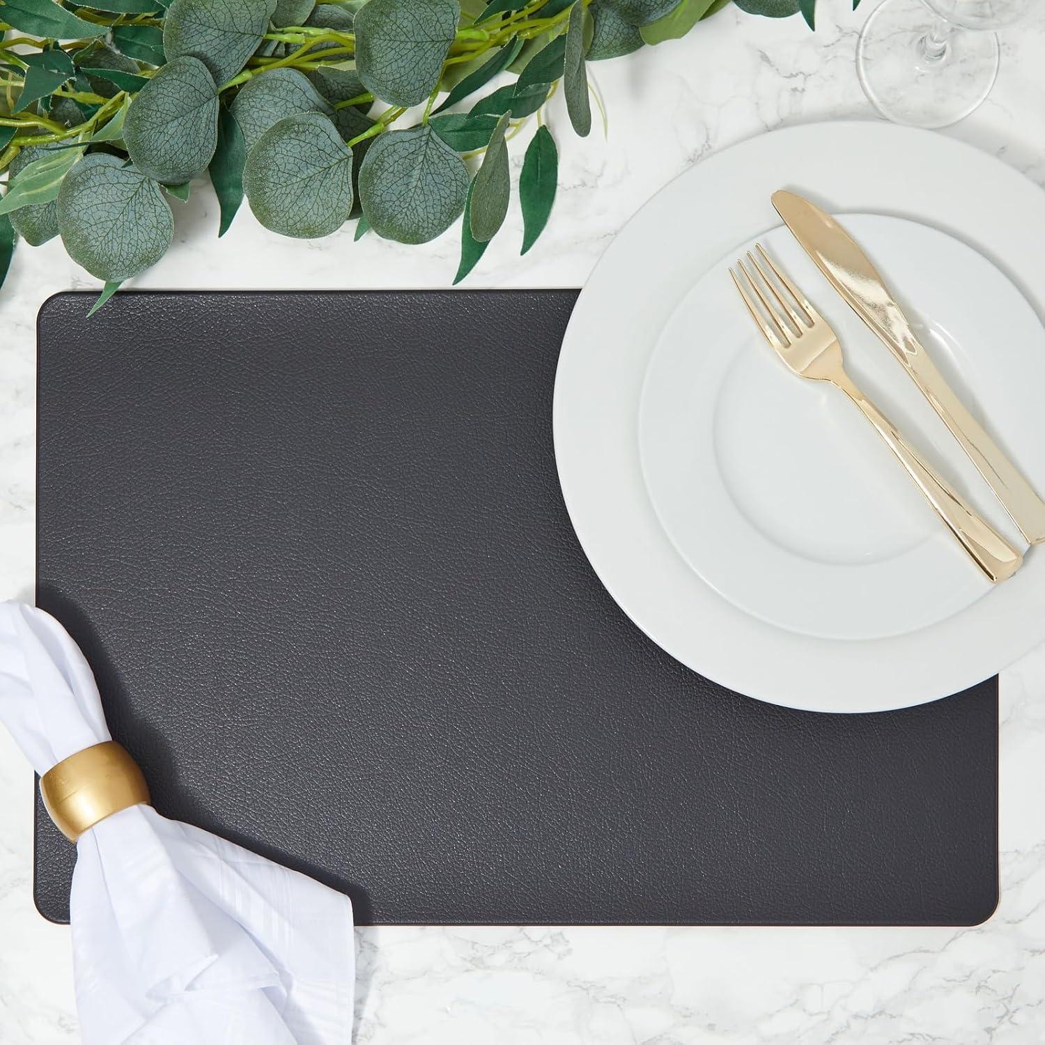 Set of 6 Black Faux Leather Rectangle Placemats for Home Dining Table (17.75 x 11.75 In)