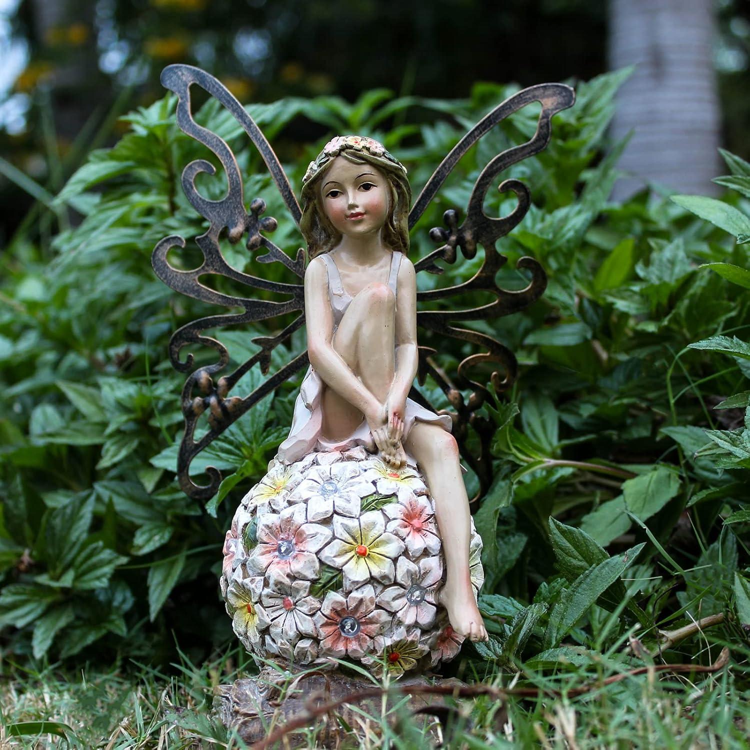 Solar Powered Resin Flower Fairy Garden Statue, 9.45 Inches Tall