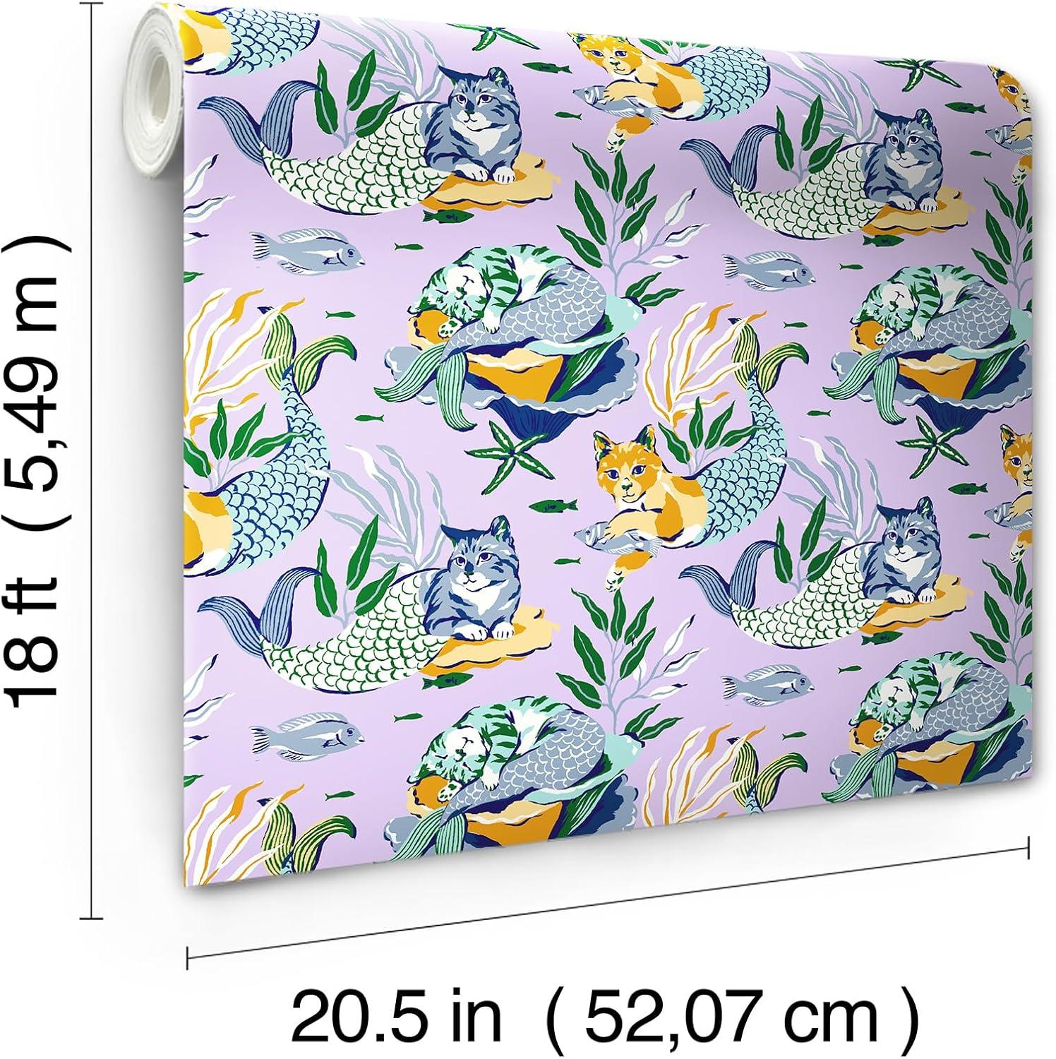 PrintFresh Meowing Mermaids Lavender Peel and Stick Wallpaper