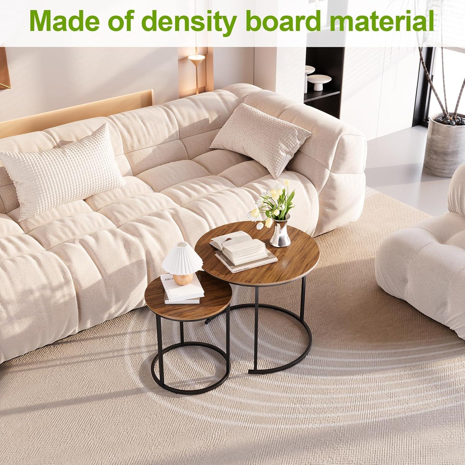 Yesfashion Nesting Coffee Table Set Of 2, 27.6" Round Coffee Table Wood Top With Sturdy Metal Frame, End Table Side Tables For Living Room Bedroom Balcony Yard