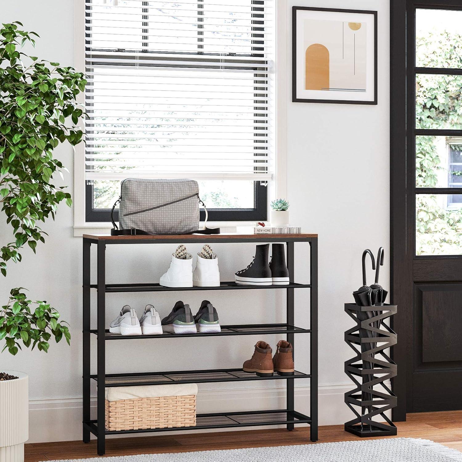 5-Tier Shoe Rack Bench Shoe Organizer for Closet 4 Mesh Shelves Entryway Hallway Shoe Shelf Steel Frame Industrial Brown and Black