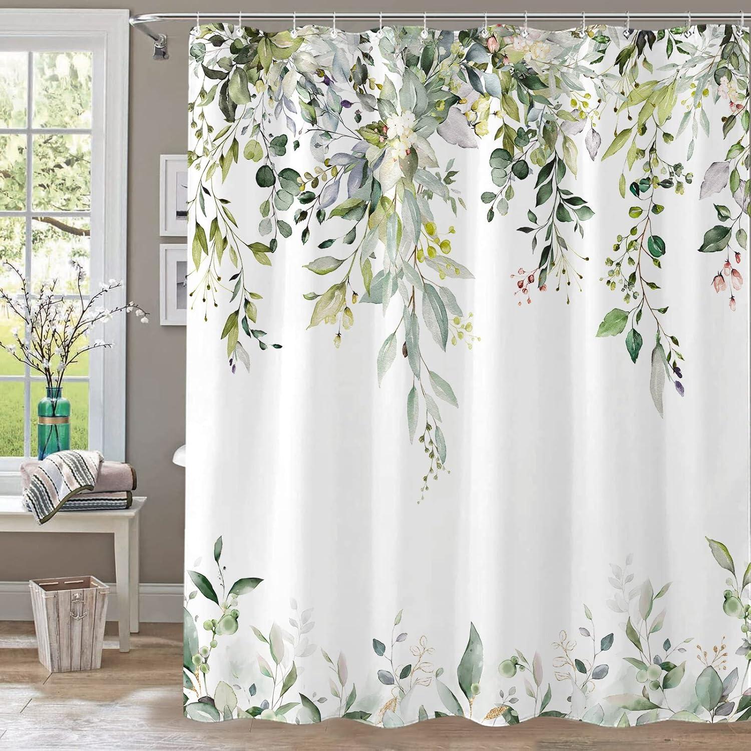 kampdream Eucalyptus Plant Rustic Shower Curtain, Watercolor Leaves On The Top Country Farm House Shower Curtain, Spring Botanical Bathroom Curtain 72 ×72 Inch