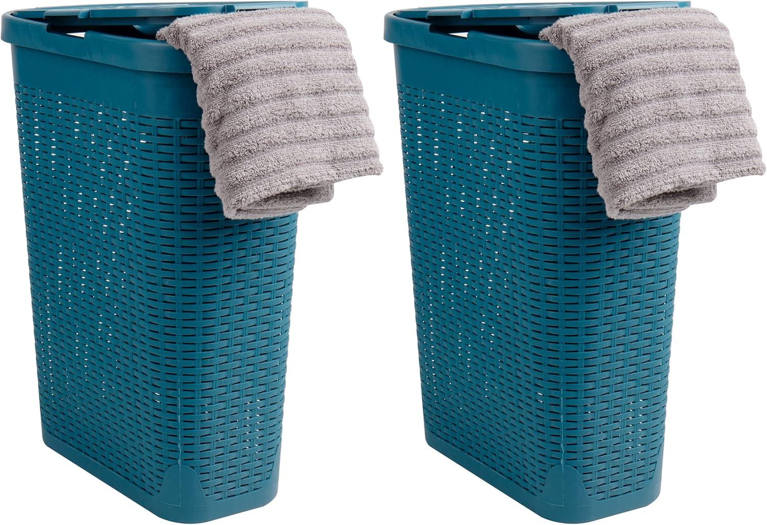 Mind Reader 40L Slim Laundry Hamper, Clothes Basket, Lid, Wicker Design, Plastic, 18"L x 10.4"W x 23.5"H, Set of 2, Blue