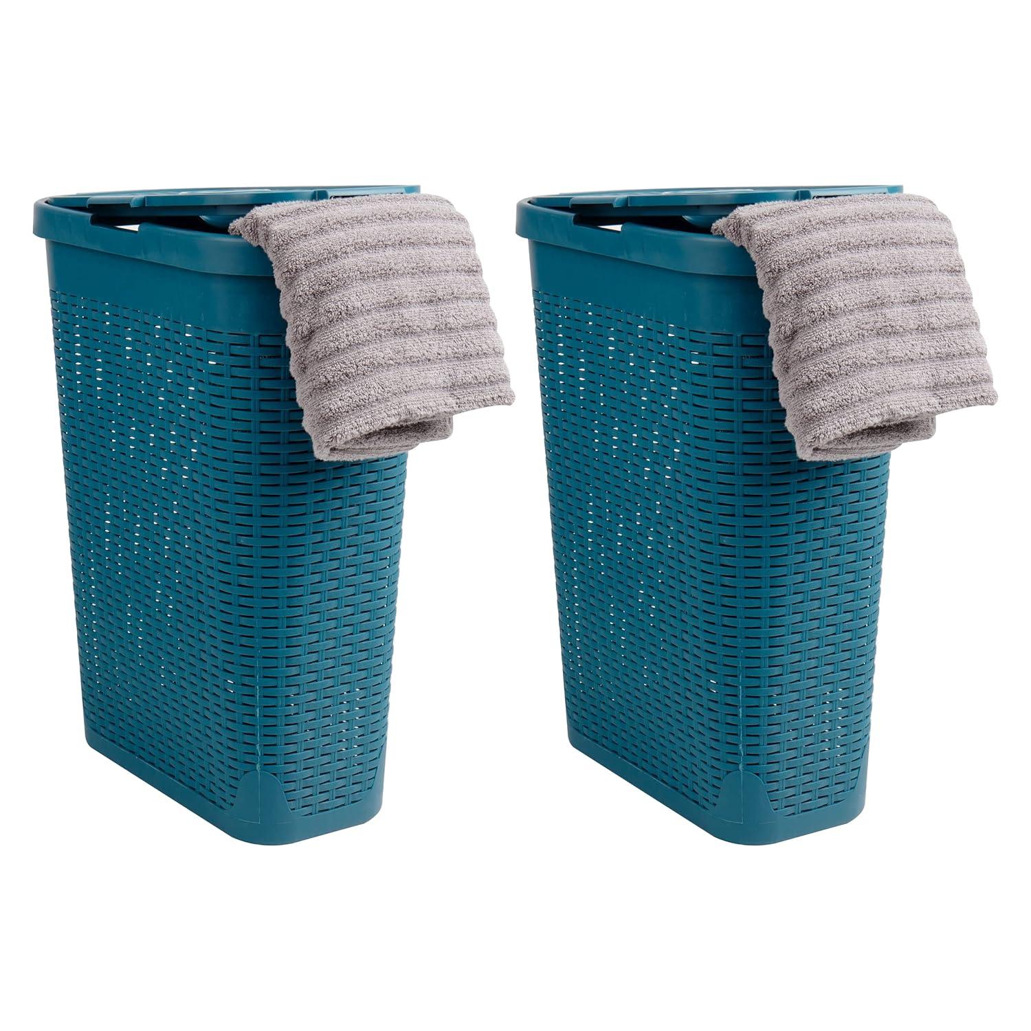 Mind Reader 40L Slim Laundry Hamper, Clothes Basket, Lid, Wicker Design, Plastic, 18"L x 10.4"W x 23.5"H, Set of 2, Blue