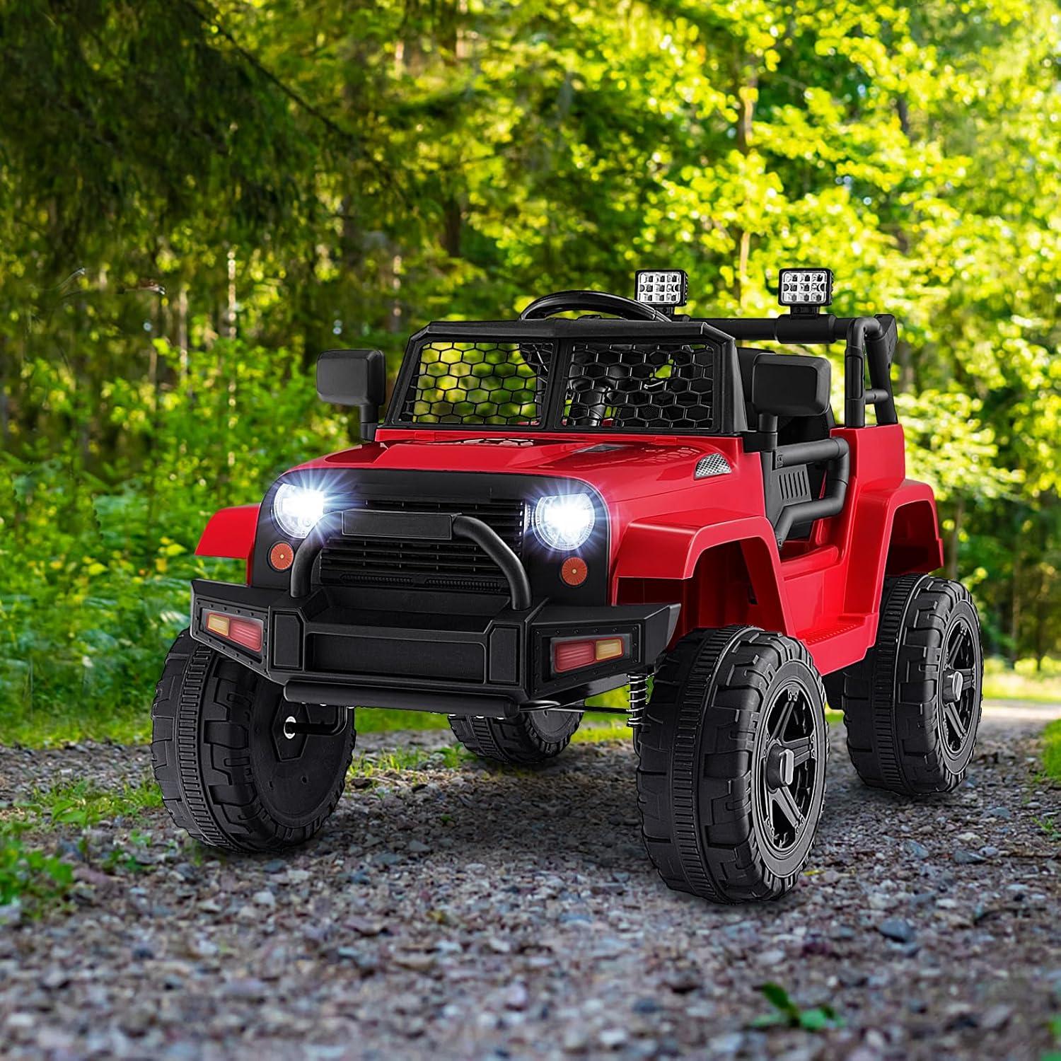 HONEY JOY Ride On Truck, 12V Battery Powered Vehicle Ride On Car with Remote Control, Spring Suspension, Headlights, Music, Mesh Windshield, Electric Cars for Kids, Gift for Boys Girls 3+(Red)