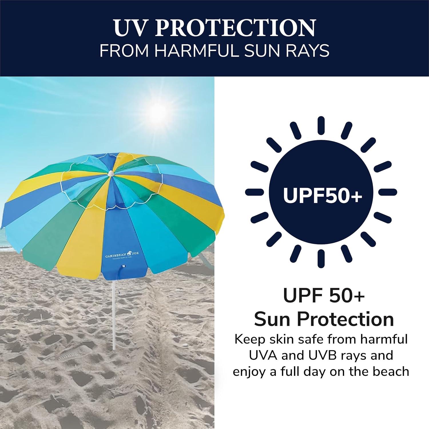 Caribbean Joe 8ft Beach Umbrella with UV Protection, Vented Canopy