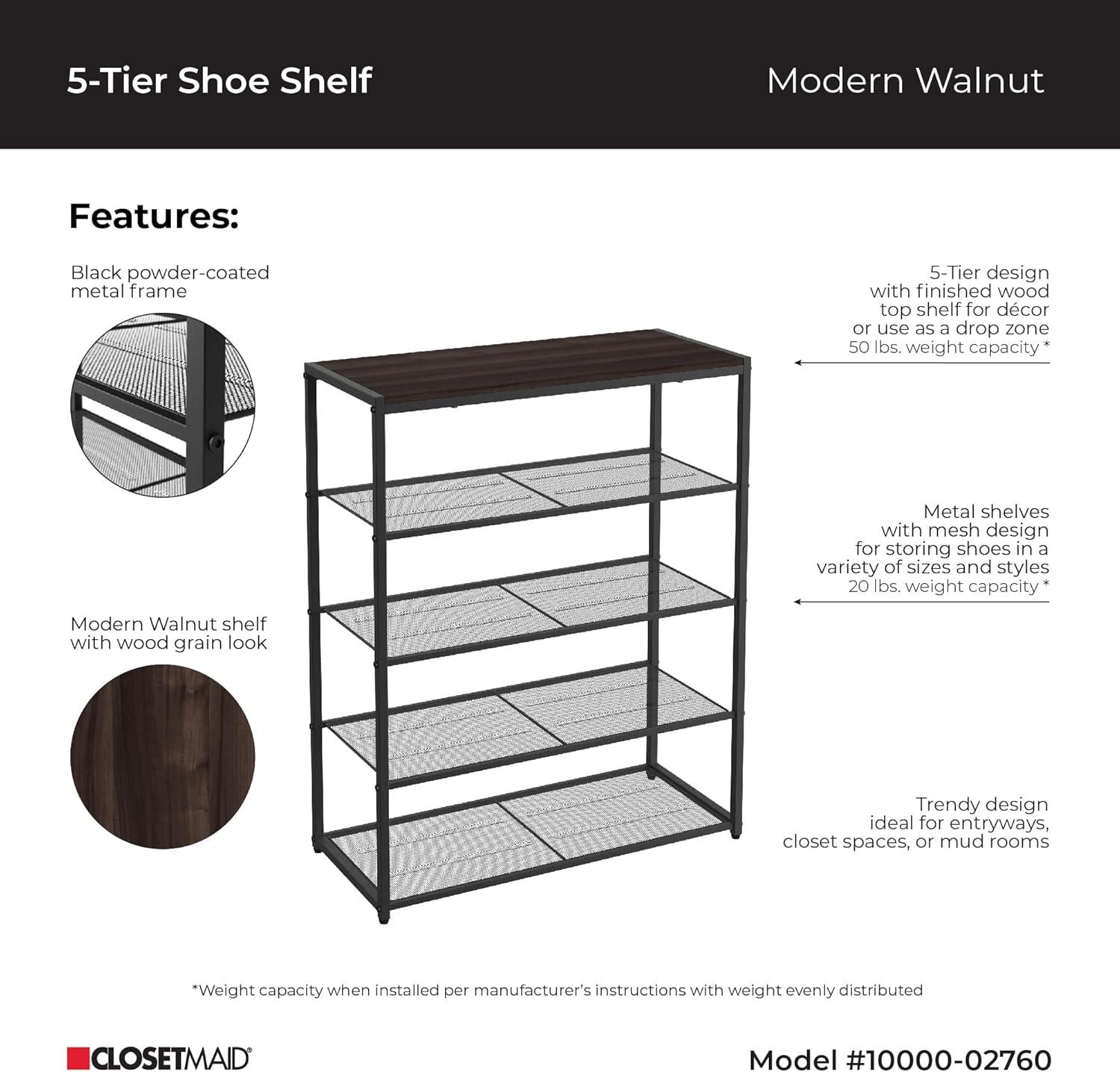 Walnut and Black 5-Tier Metal Shoe Rack with Wood Top