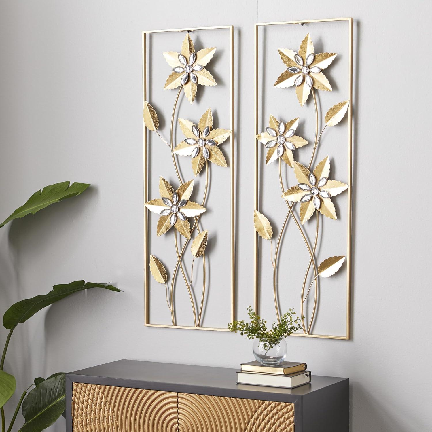 DecMode Gold Metal Floral Wall Decor with Gold Frame (2 Count)