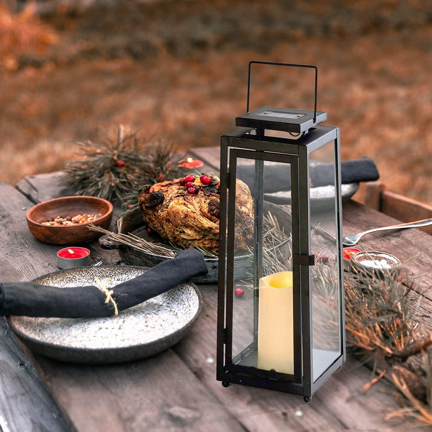 Outdoor Solar Lantern with Flameless Candle Metal & Glass, Dusk to Dawn, Decorative Waterproof