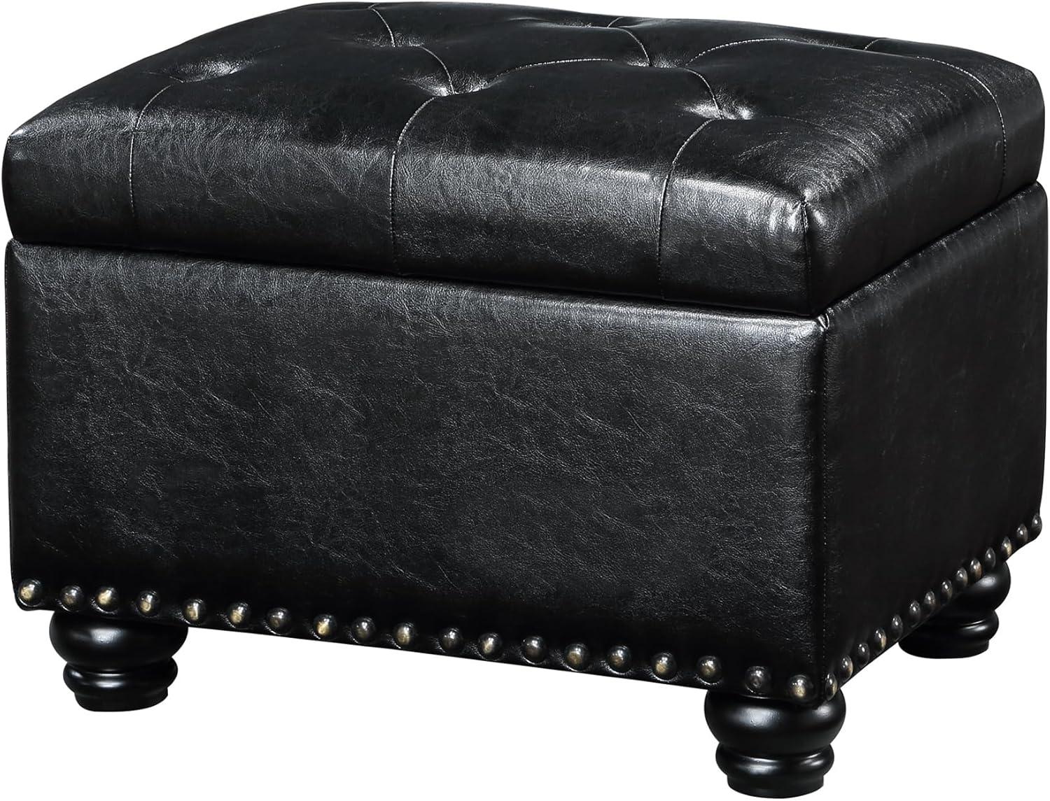 Black Tufted Storage Ottoman with Nailhead Trim