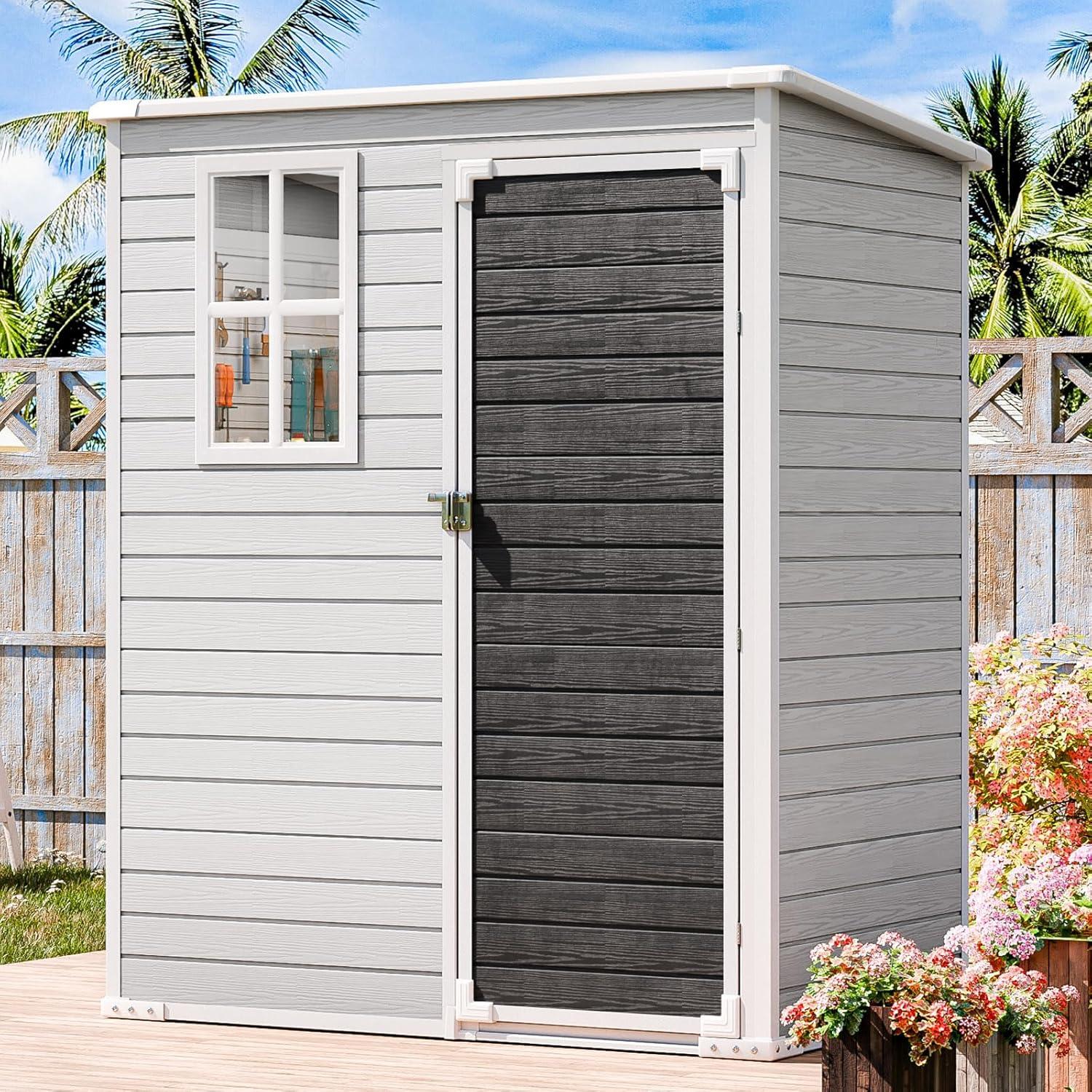 Gray Resin Outdoor Storage Shed with Window and Lockable Door