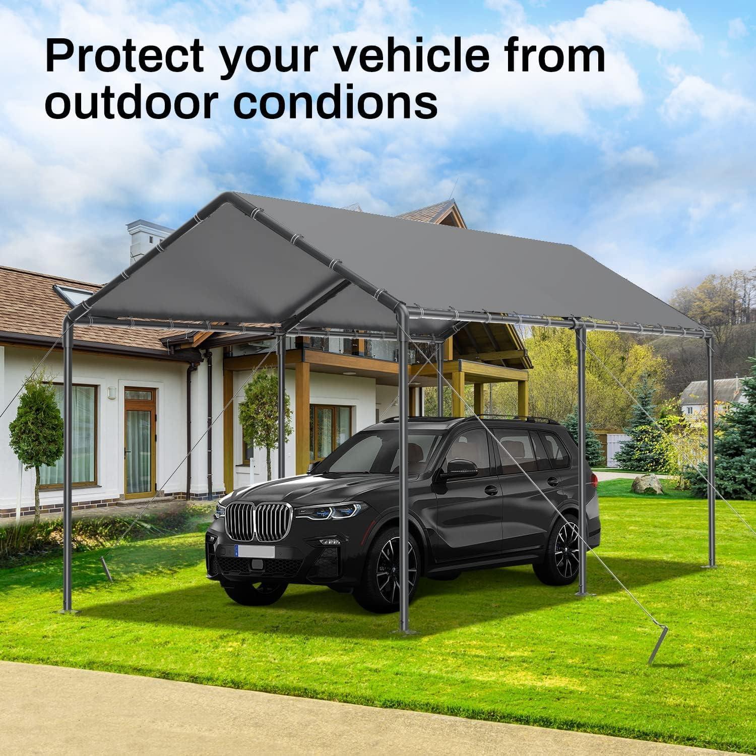 Carports Canopy 10x20 Heavy Duty, Metal Carport Waterproof Carports Garage Tent with 6 Steel Stakes Outdoor for Car Tuck Boat SUV Party (Grey)